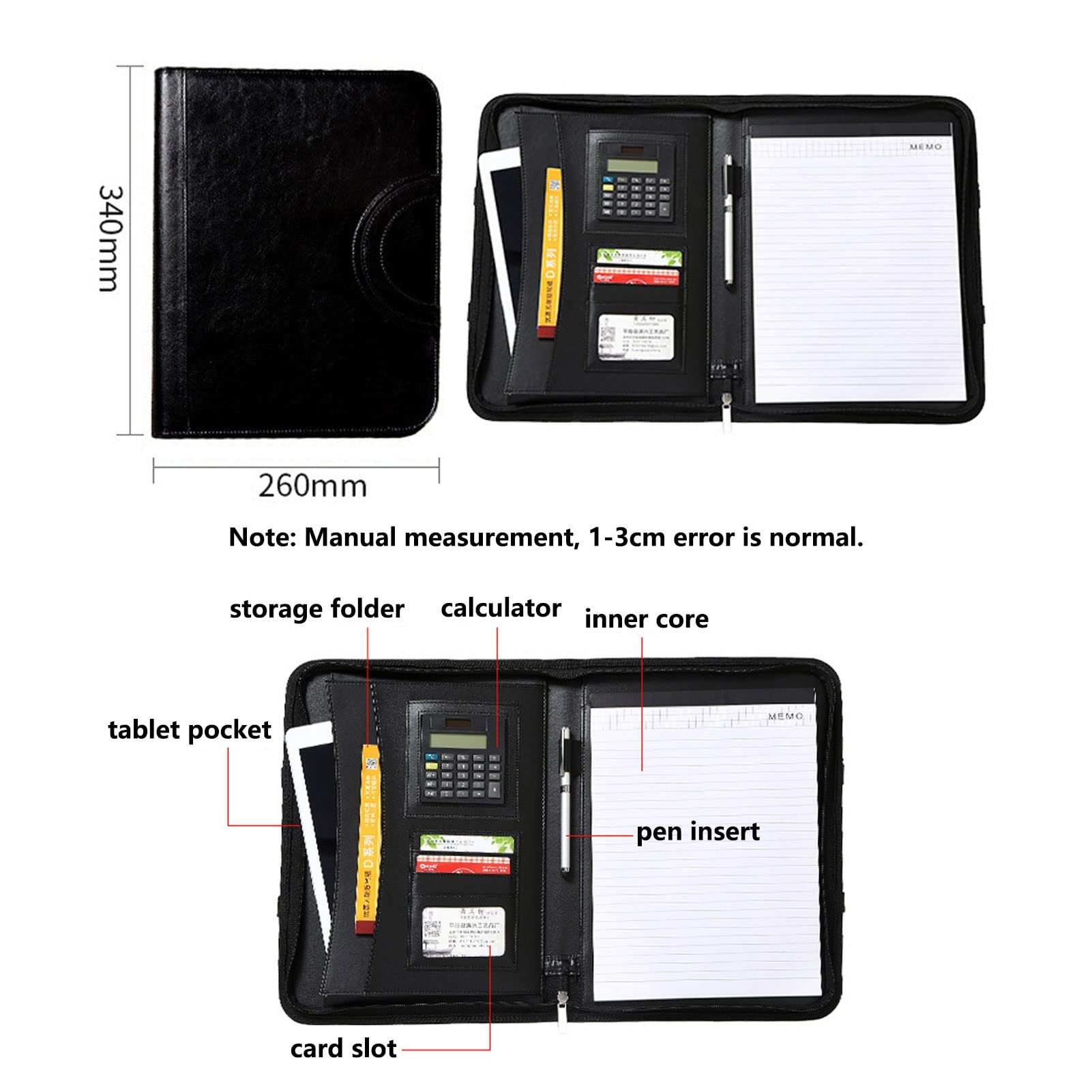 Padfolio A4 Biznesowe Teczka konferencyjna z zamkiem błyskawicznym, Osobisty organizer do pracy, Podróżny segregator pierścieniowy z kalkulatorem dla mężczyzn i kobiet, w tym podkładka prawna 25 arkuszy 4-pak (kolor: brązowy)