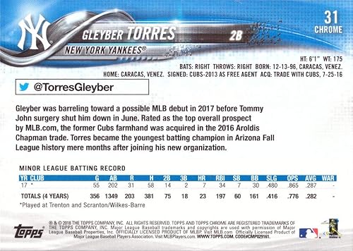 Miniatura 2 de 2018 Topps Chrome Baseball #31 Gleyber Torres Rookie Card