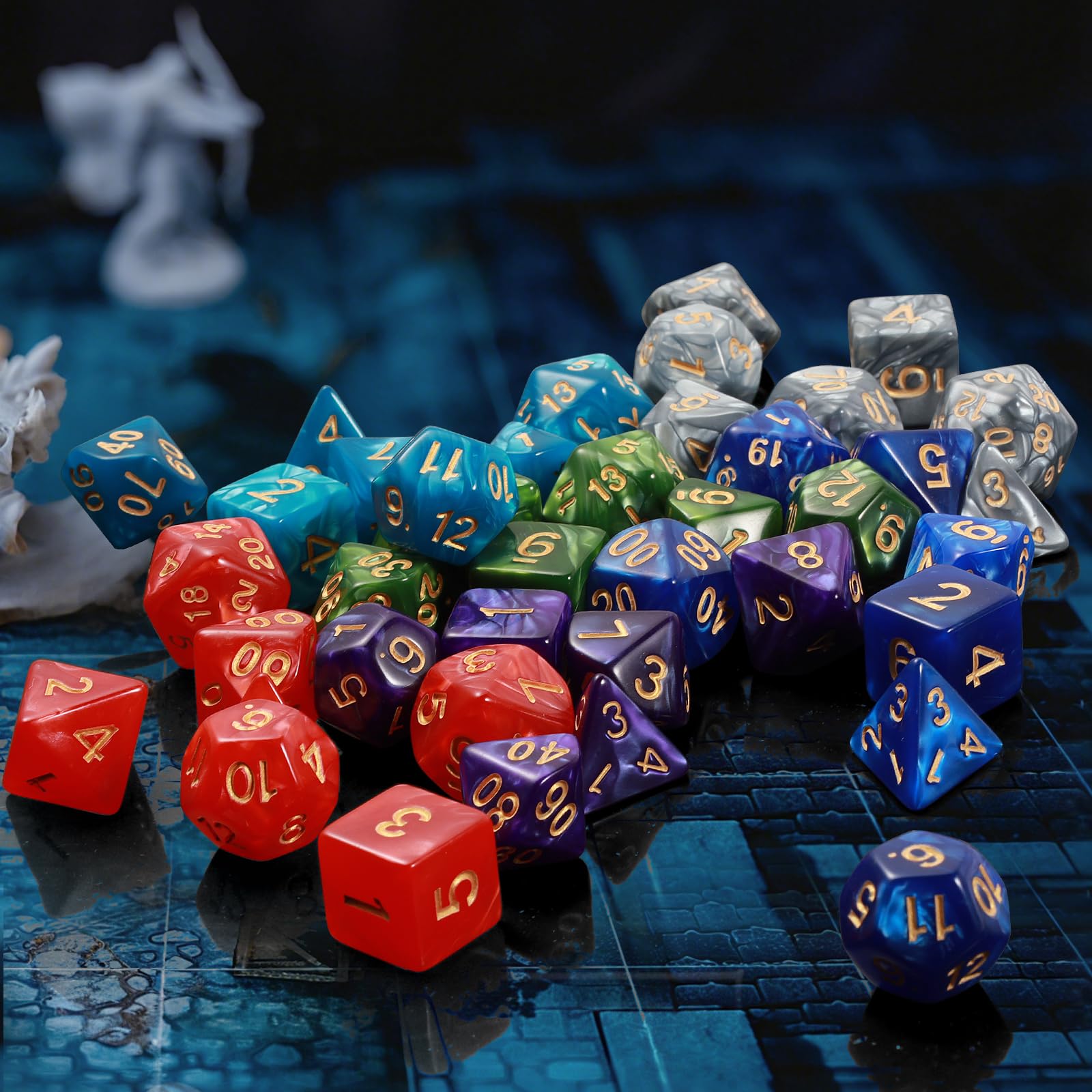 Zestaw kości wielościennych, 6 x 7 (42 sztuki) Kości DND z 6 woreczkami na rzep, do Dungeons and Dragons Pathfinder DND RPG MTG, 6 zestaw kości DND od D4 D6 D8 D10x2 D12 D20