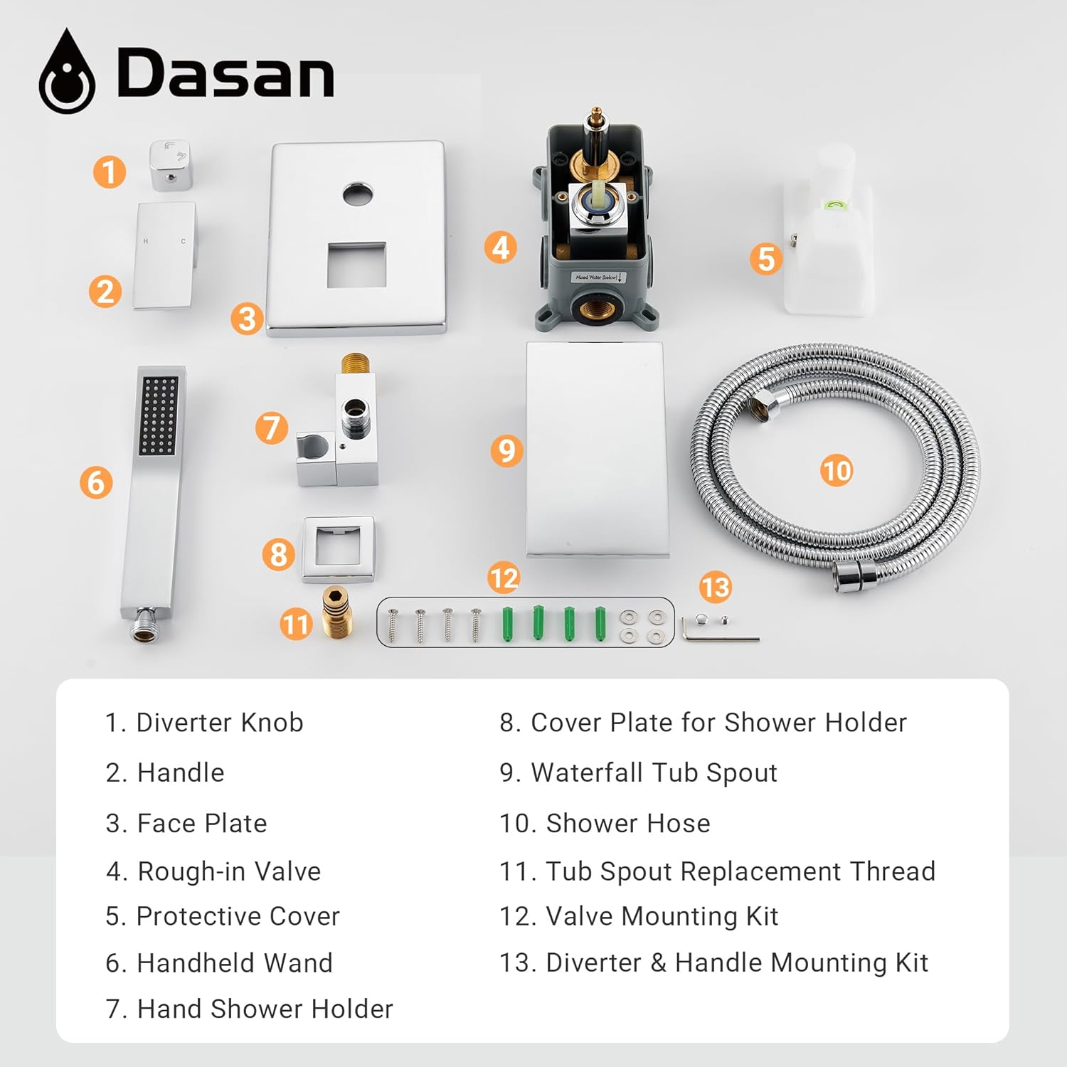 DASAN Waterfall Tub Filler Faucet Wall Mount with Hand Shower, Modern Wall Mounted Bathtub Faucet Chrome Tub Faucet with High Flow Rough in Valve, SA-TF01WH-PC