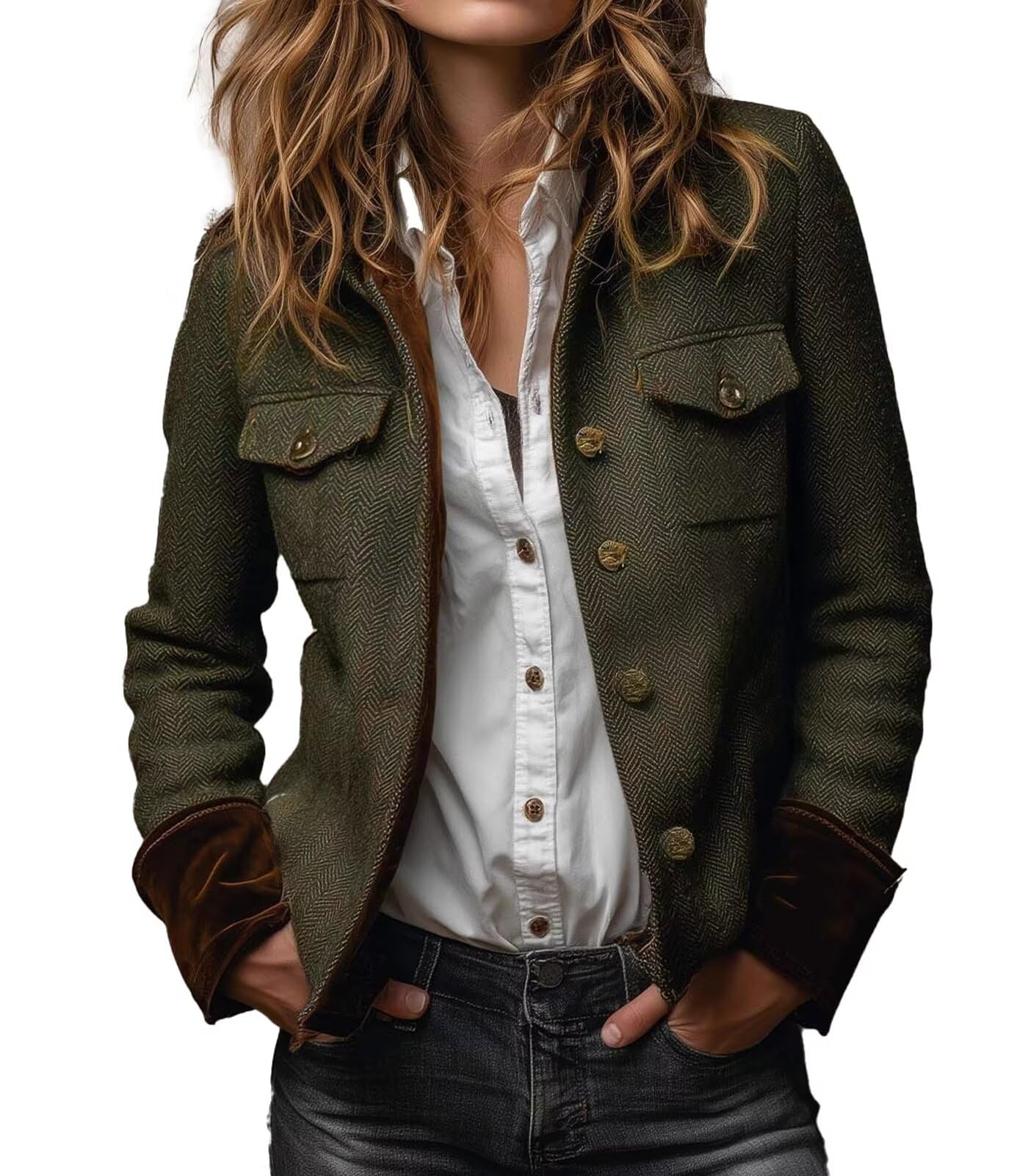 Womens Short Tweed Blazer Button-Down Fashionable Outerwear for Spring and Autumn Business Casual Style