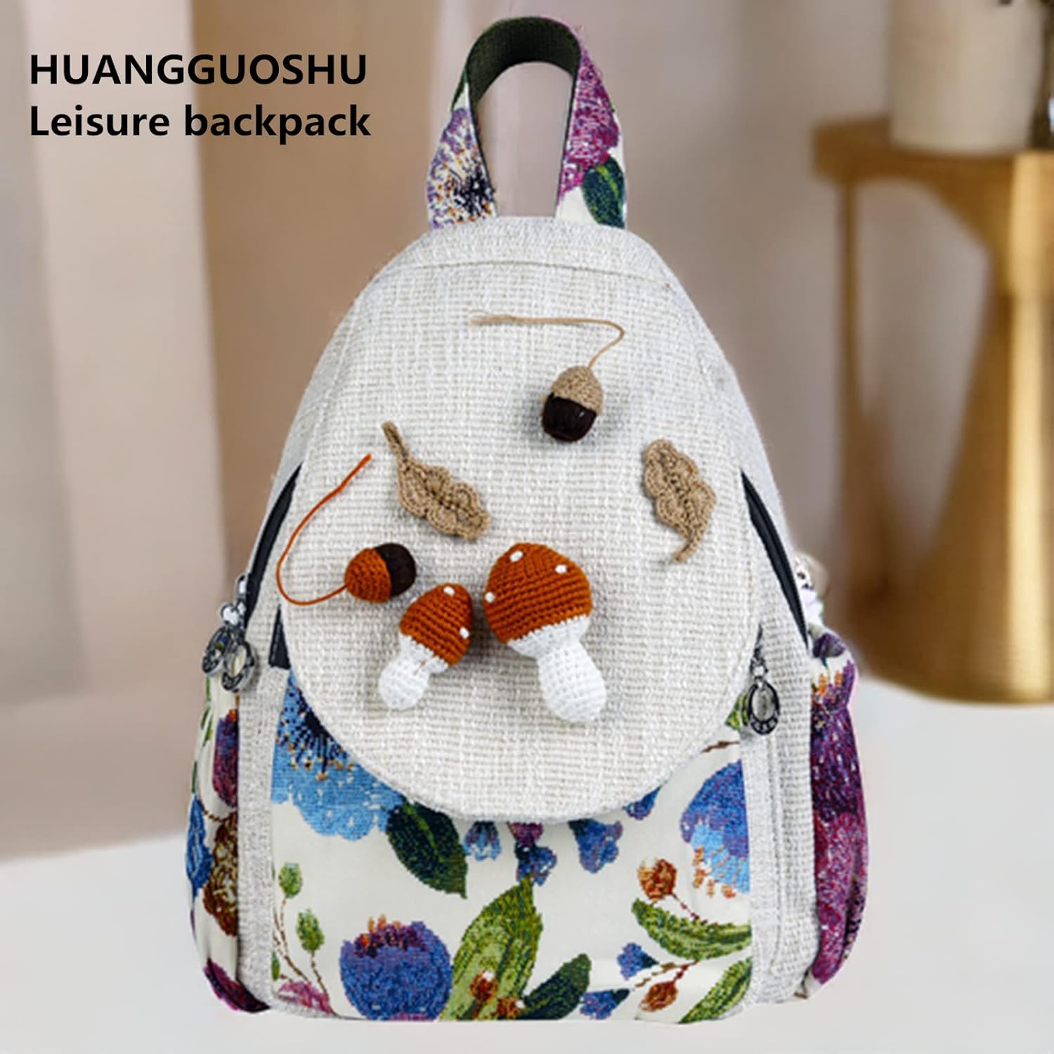 HUANGGUOSHU Boho and Bohemian Small Canvas Backpack Purse for Women - Adjustable Carry Sling Bag, Embroidered and Woven Tapestry Patterns 4 Mushrooms - Image 6