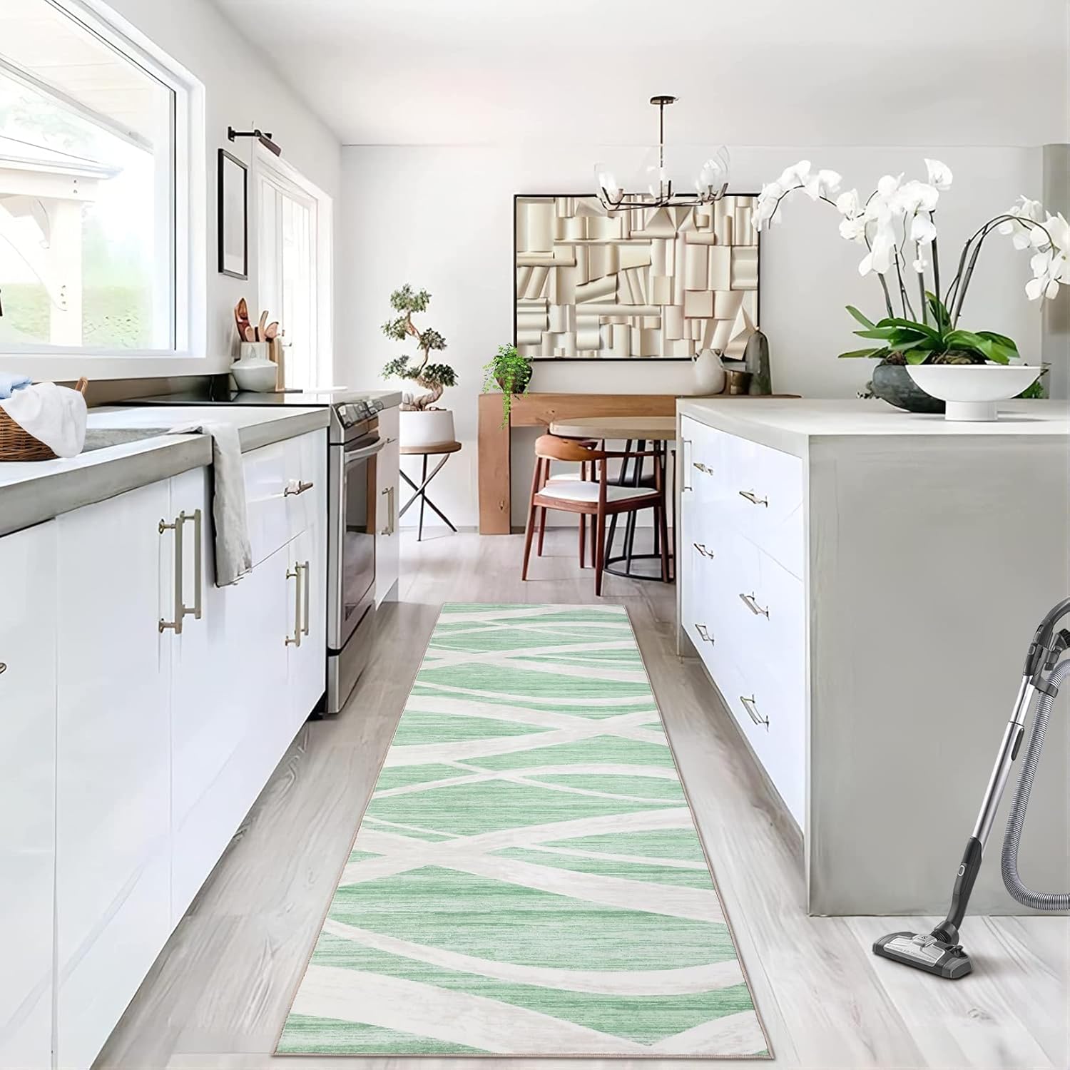 GarveeHome Runner Rug - 2x6 Washable Modern Abstract Entryway Runners, Soft Non-Slip Hallway Runners, Wave Print, Low Pile, Non-Shedding, Foldable Mat for Bedroom, Bedside, Kitchen, Laundry, Green