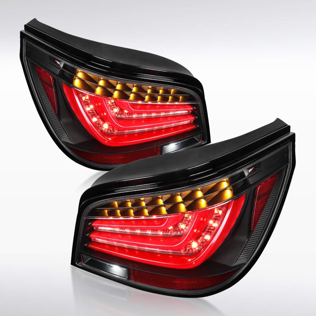 Autozensation Compatible with BMW E60 5-Series 525i 530i 2004-2007, Black Housing Clear Lens Red LED Bar Tail Lights, LR Pair Taillight Assembly