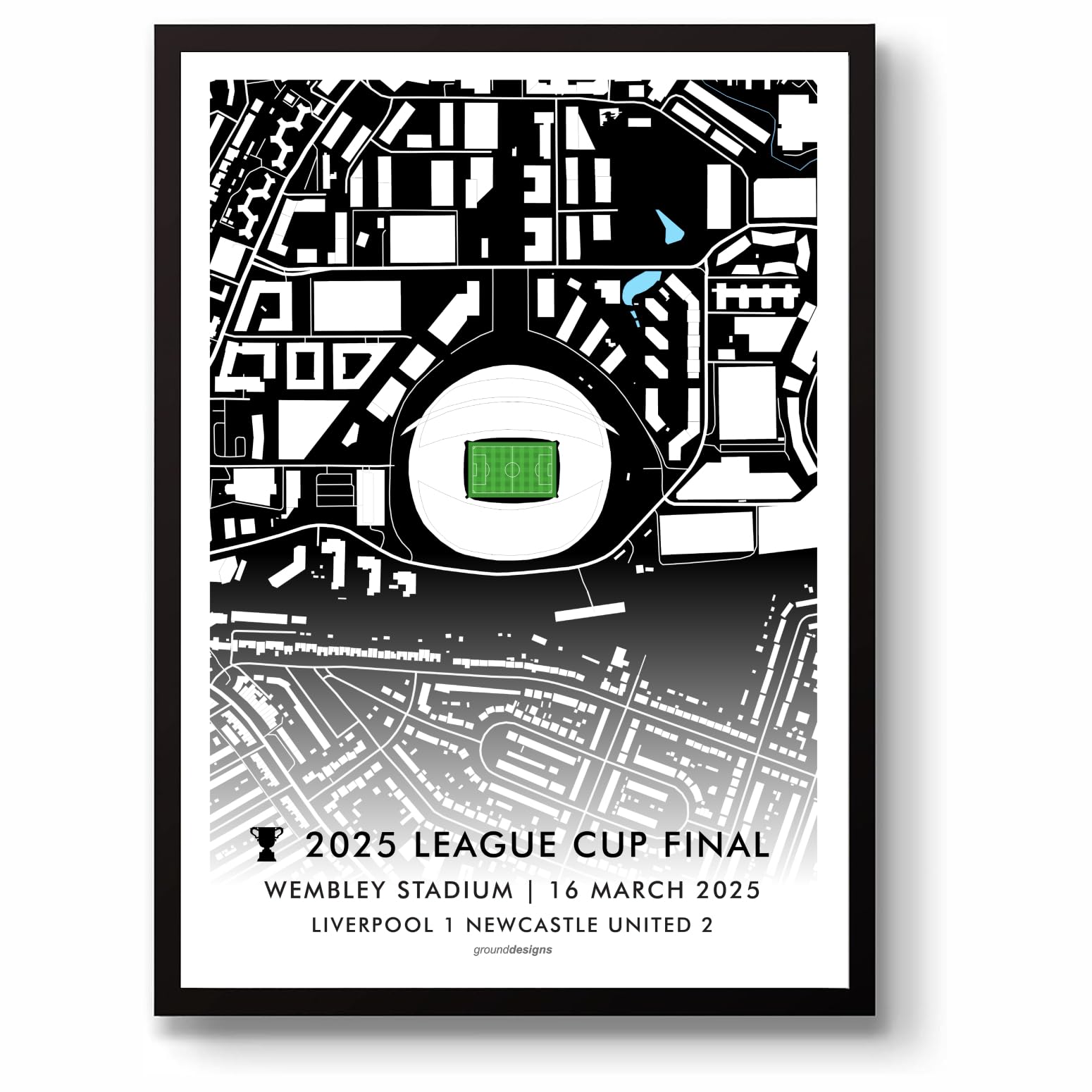 Grounddesigns Men's Black And White Newcastle United 2025 League Cup Winners Football Gift Wembley Stadium Map Unframed A3 Art Print Nufc