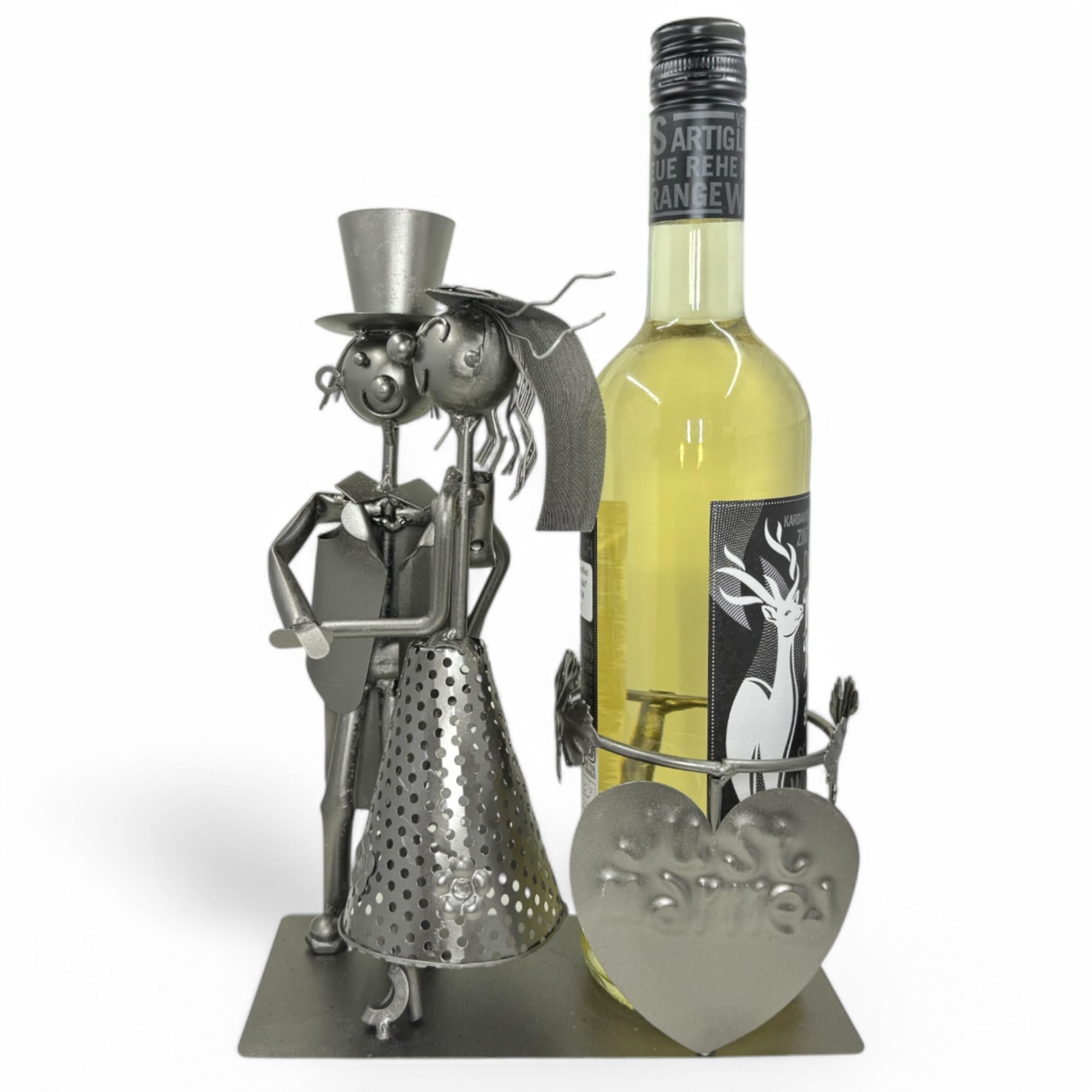 MIJOMA Porte-bouteille de vin « Couple de mariés » - Décoration de mariage romantique en métal - 28 cm - Idéal pour champagne, vin et décoration de table