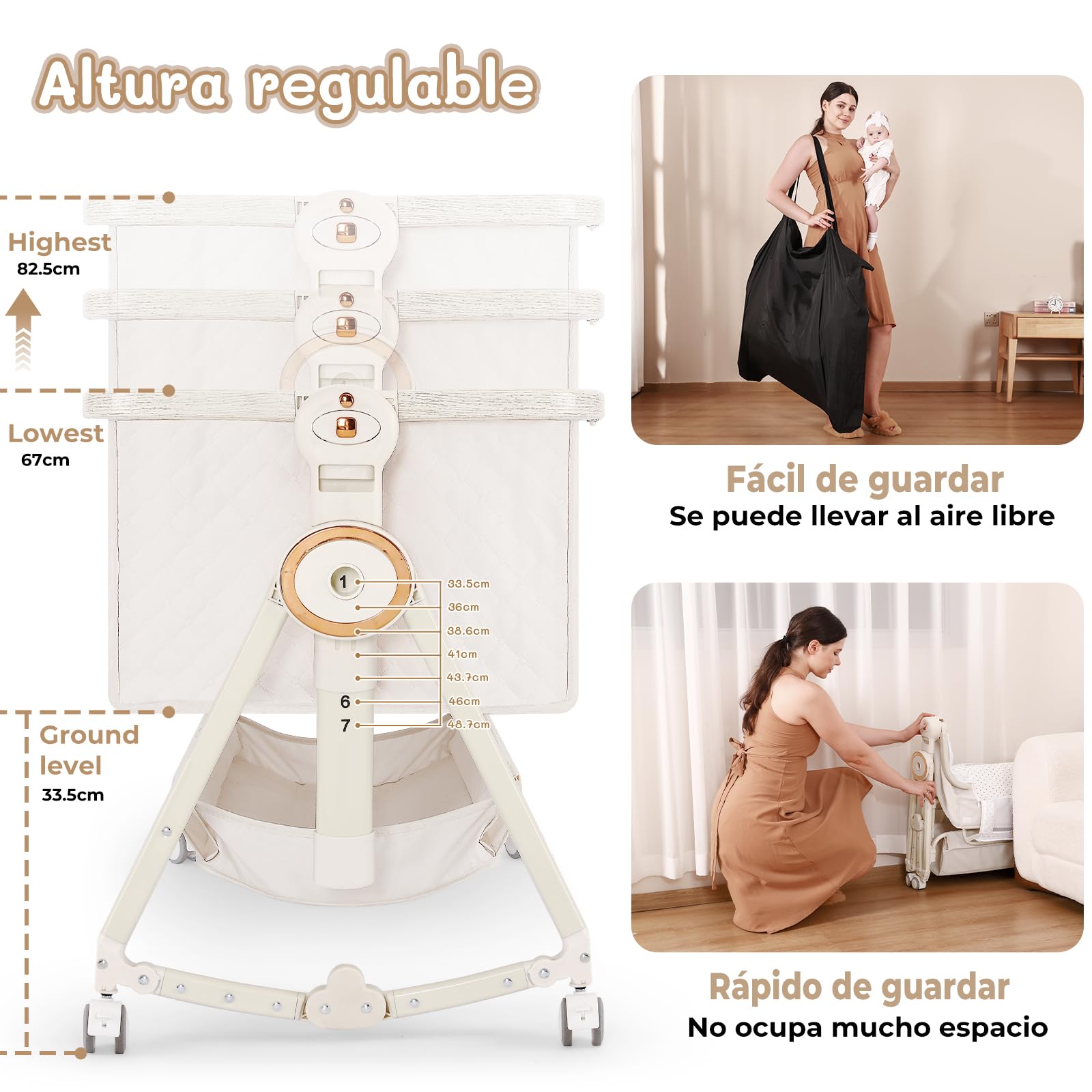 HOLAVIDA 5 en 1 Cuna Colecho, Moises para Bebe, Ajustables Colecho Bebe Cuna con Cambiador, Cesta de Almacenamiento, Mosquitera, Colchón, Portable Crib Mecedora para Recién Nacidos (Beige)