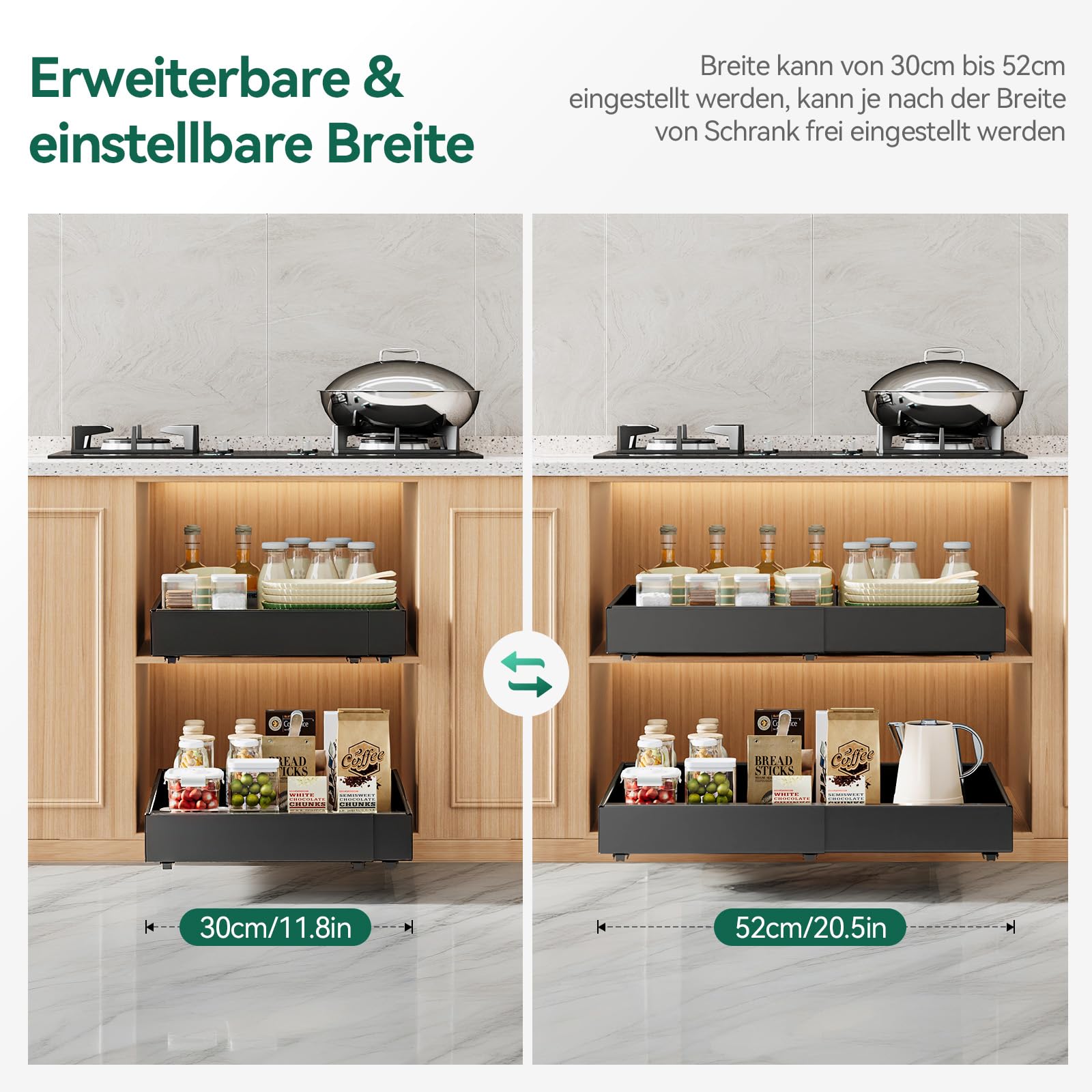 Warmiehomy Teleskopschublade 2 Stück Ausziehbarer Schrank-Organizer Erweiterbarer Stauraum in Küchen Breite 30-52 cm Erweiterbare Schiebeschublade für Küchenschränke, Kein Bohren & Nageln, Schwarz