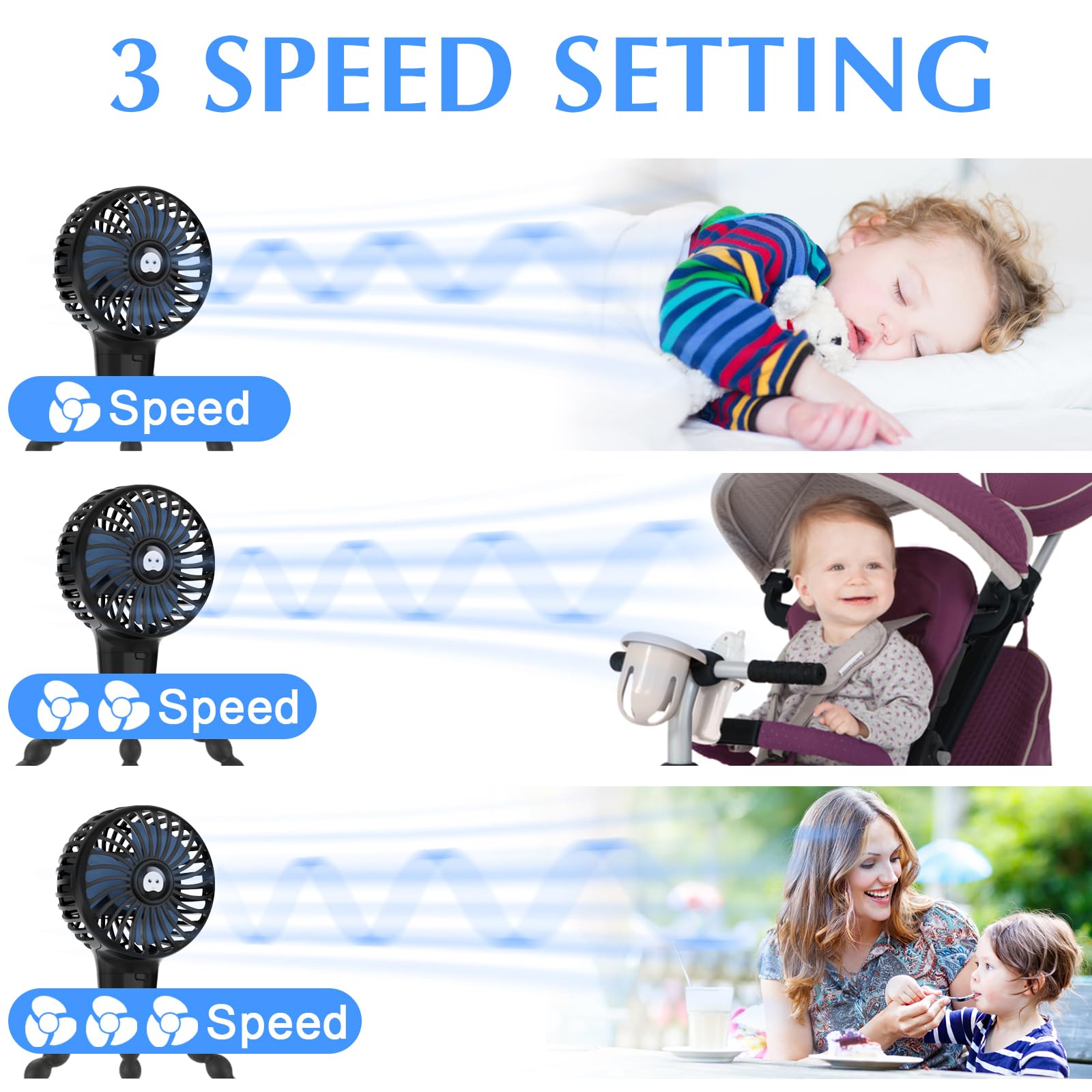 TAECCL Mini Handheld Stroller Fan with Flexible Tripod, Battery Operated Baby Fan Adjustable 3 Speeds Personal Portable Fan, Car Seat Fan for Crib Bike Treadmill Golf Cart Travel