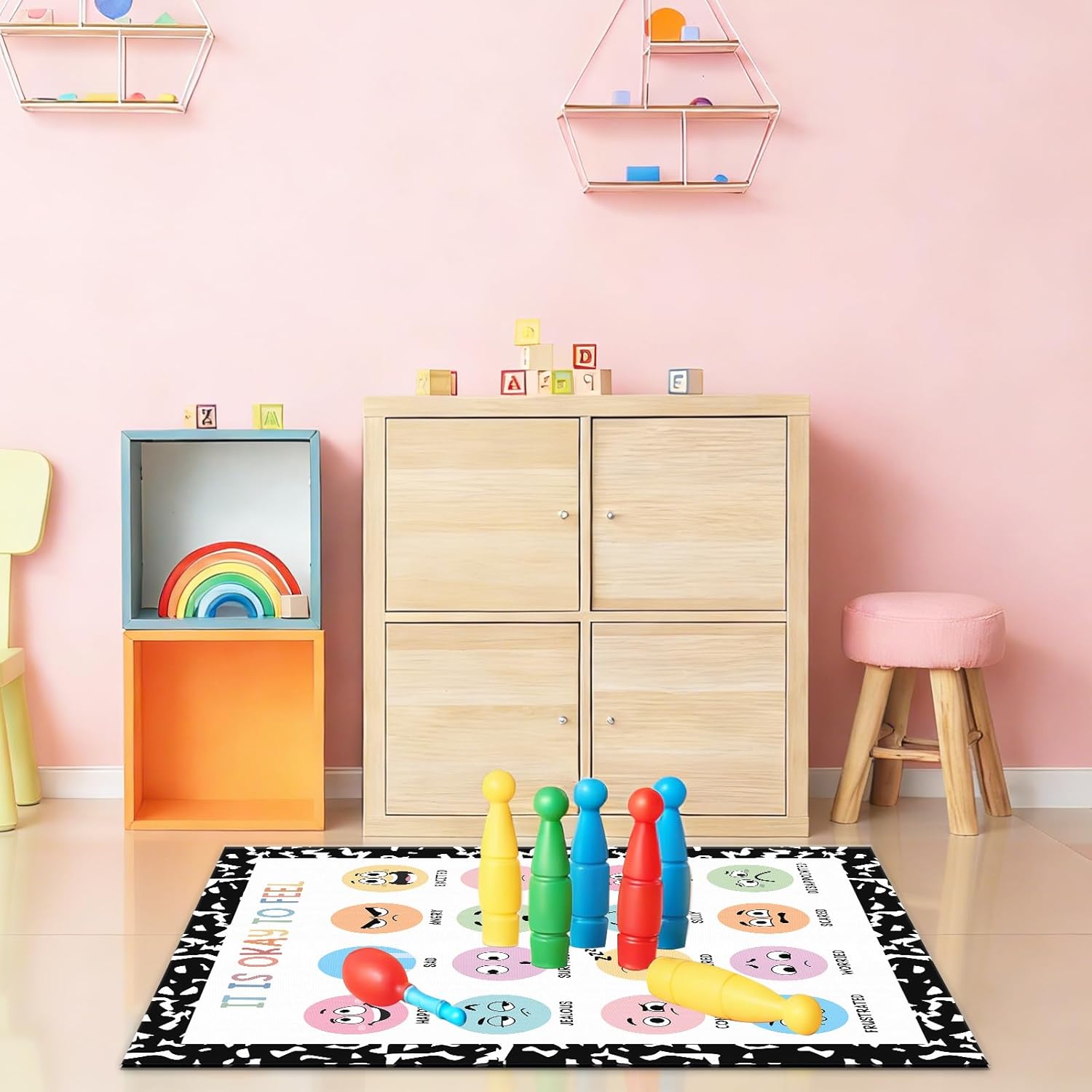 JarThenaAMCS Back to School Area Rug 40 x 47 Inch Large Floor Mat Colorful Emotion Learning Non-Slip Carpet for Home Nursery Classroom Playroom Decor