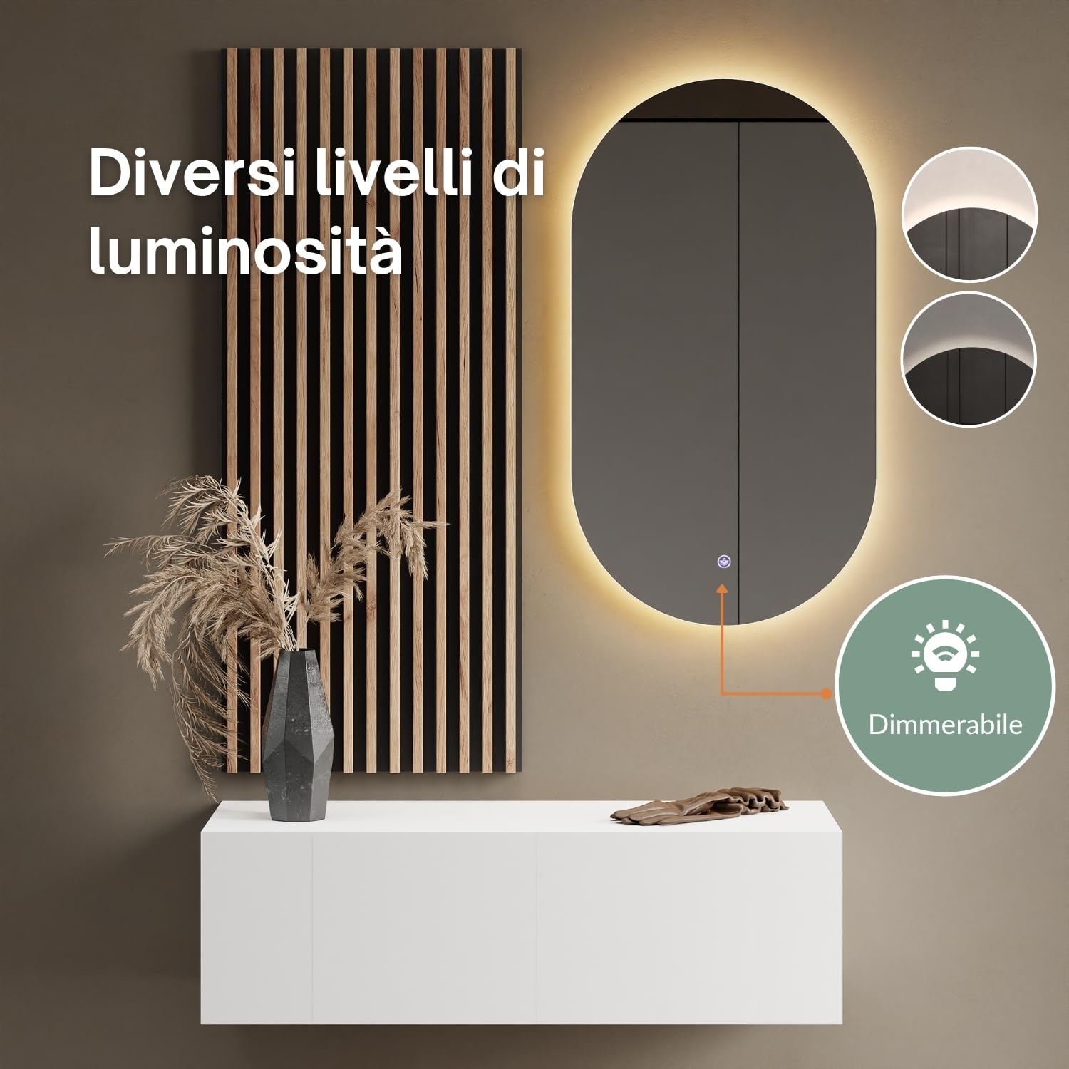 Planetmöbel Specchio con illuminazione 50 x 90 cm, specchio senza cornice, 2 livelli di luce (4000-4200k), con interruttore touch, moderno specchio da parete per bagno, corridoio o guardaroba, ovale
