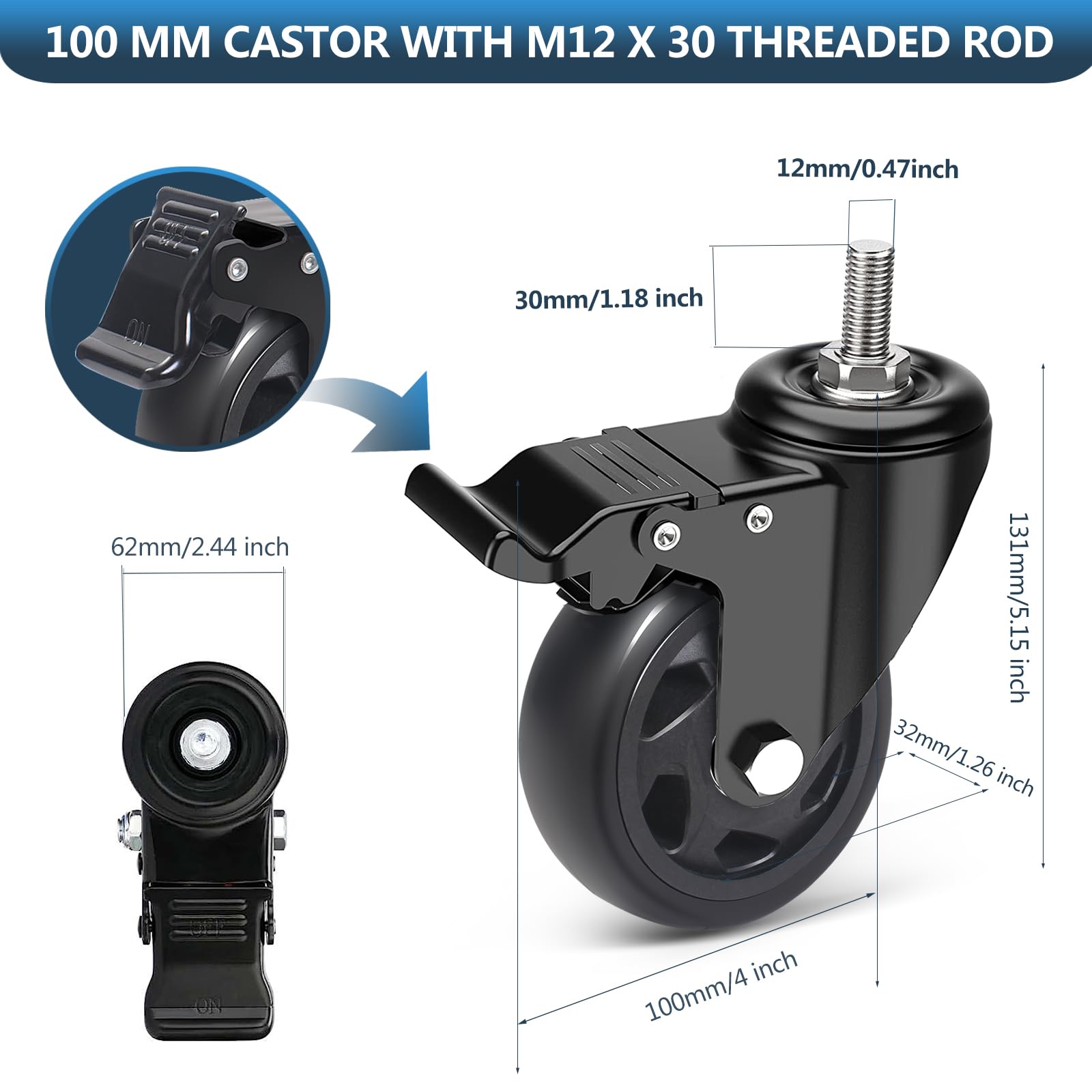 100mm Ruote per Carrello con Perno Filettato M12 x 1,75 x 30 mm, Set di 4 Ruote per Mobili con Freno, Cuscinetti Doppi Rotelle Girevoli a 360°, Ruota Piroettanti per Carichi Pesanti Fino 550kg