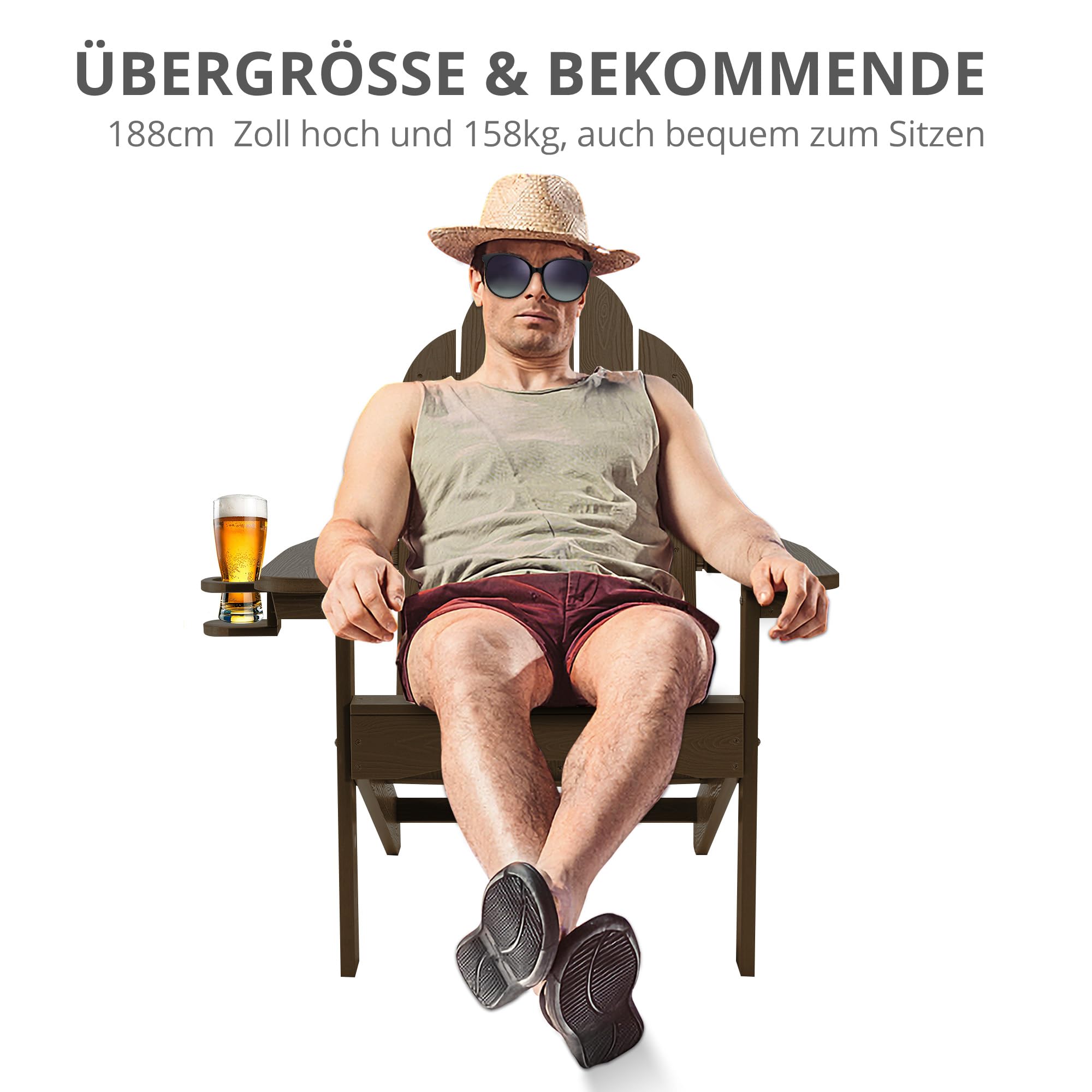 LUE BONA Adirondack Stuh 2er Set,Wetterfester Adirondack Chair aus Kunststoff,mit Becherhalter,Moderner Kunststoffstuhl für Terrasse,Garten,89 x 76 x 92cm,Tragfähigkeit 180kg,Kaffeebraun