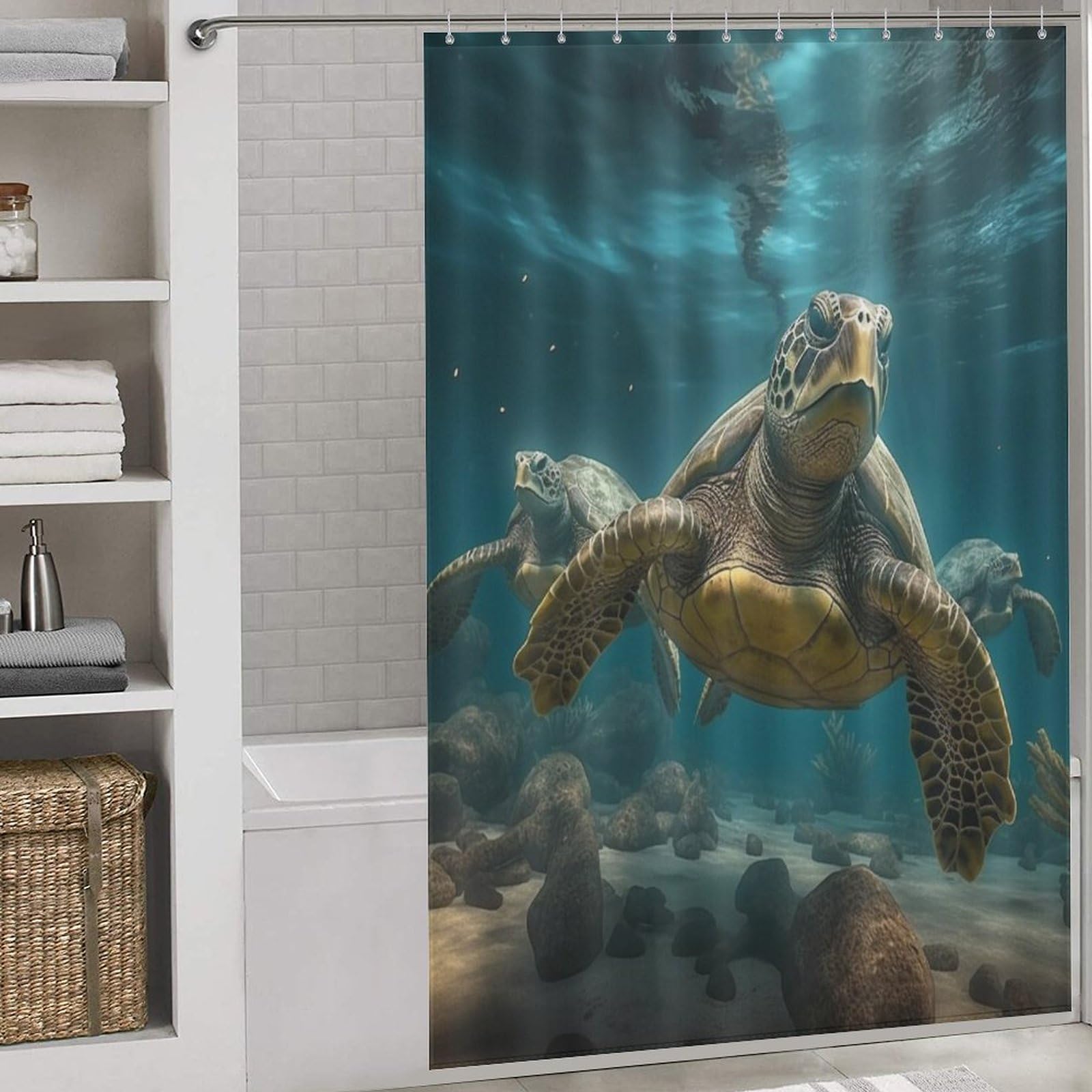 Rideau de douche tissu polyester étanche motif tortue 152 x 183 cm pour douche et baignoire