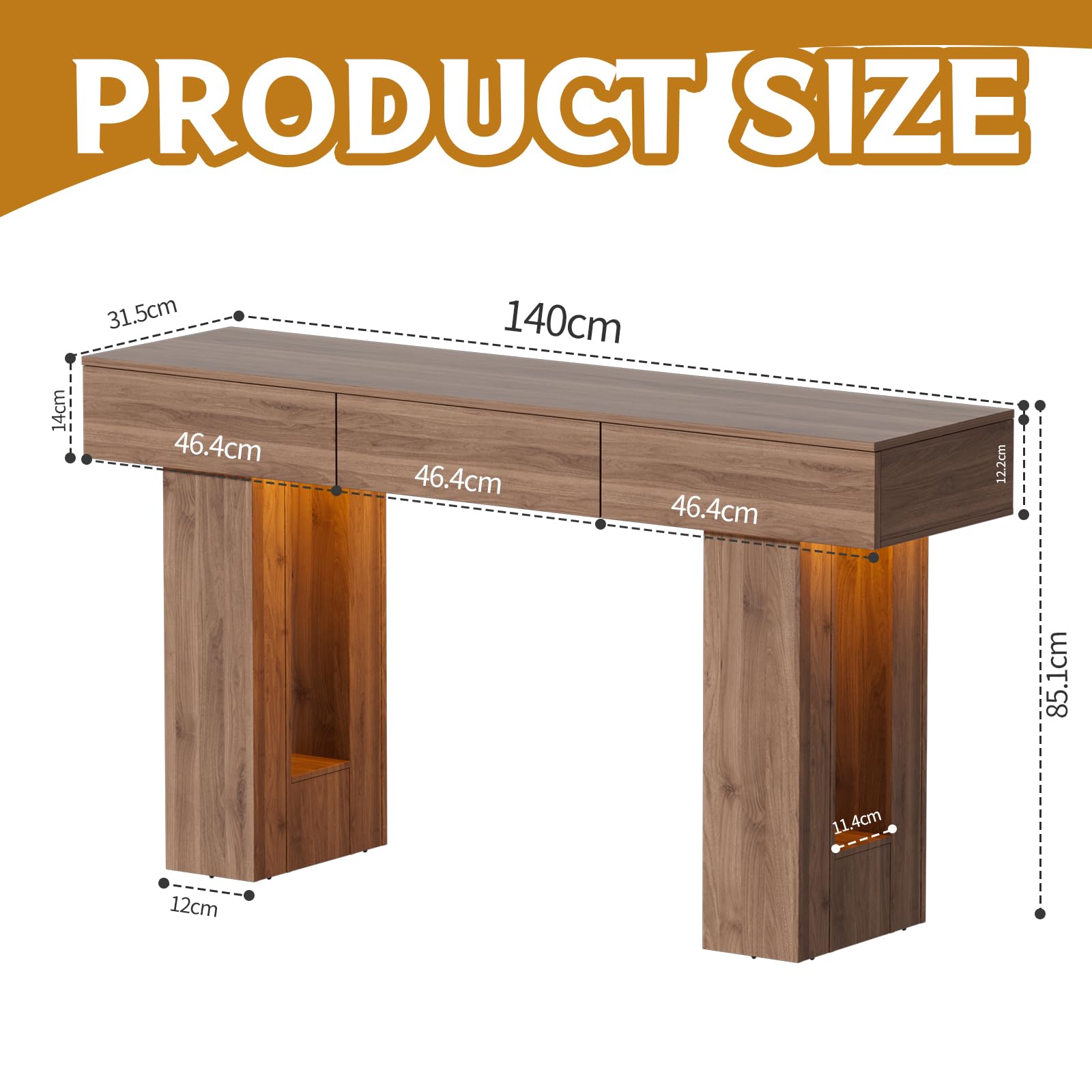 Tavolino Console da Ingresso Lungo 140CM Consolle Rettangolare con luci LED e 3 Cassetti Tavolino Consolle in Legno Tavolo d'Ingresso da Posizionare Dietro il Divano per Salotto,Corridoio e Entrata