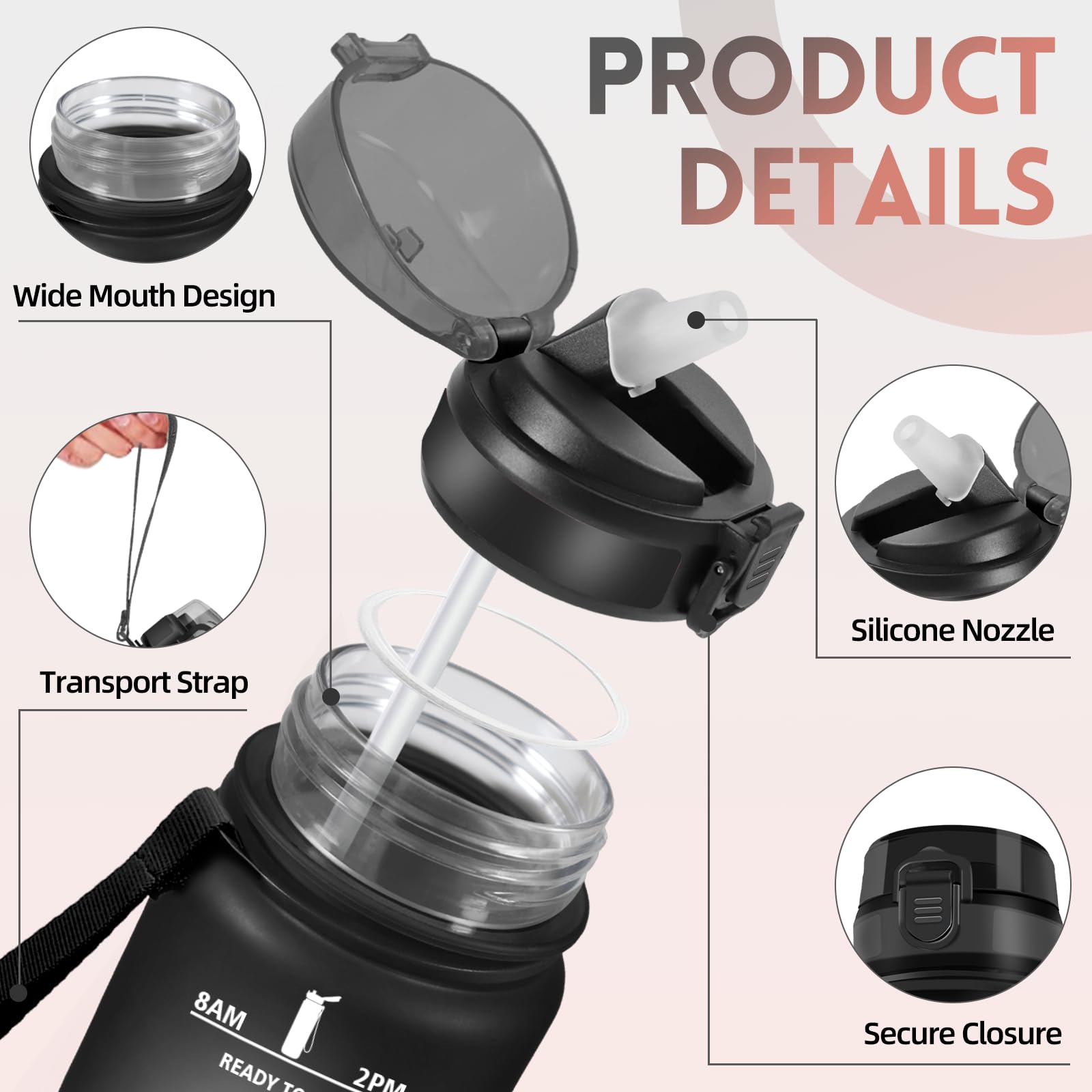 Baramumu Borraccia 1 litro, con Cannuccia, Borraccia Palestra, a Prova di Perdite, Bottiglia acqua, Facile da Aprire, Borracce, per Palestra, Trekking, Fitness, Yoga, Ufficio, Nero-Rosso