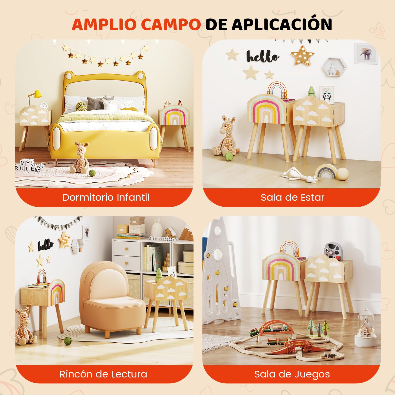 COSTWAY Juego de 2 Mesitas de Noche para Niños, Mesas Auxiliares con Patrones de Arco Iris y Nubes, Patas de Madera Maciza y Dispositivos Antivuelco, Mesillas de Noche Infantiles para Dormitorio