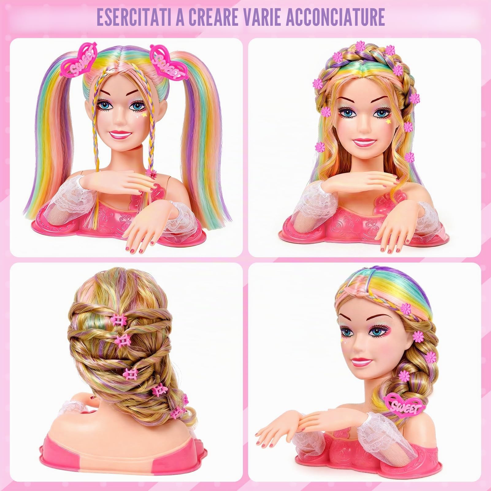 vamei Testa Bambola da Truccare e Pettinare, Set Parrucchiera con Asciugacapelli Smalto Unghie Trucchi e Accessori per Capelli, Giocattoli Salone Giochi Bambini Regalo Bambina 3 4 5 6 7 8 Anni