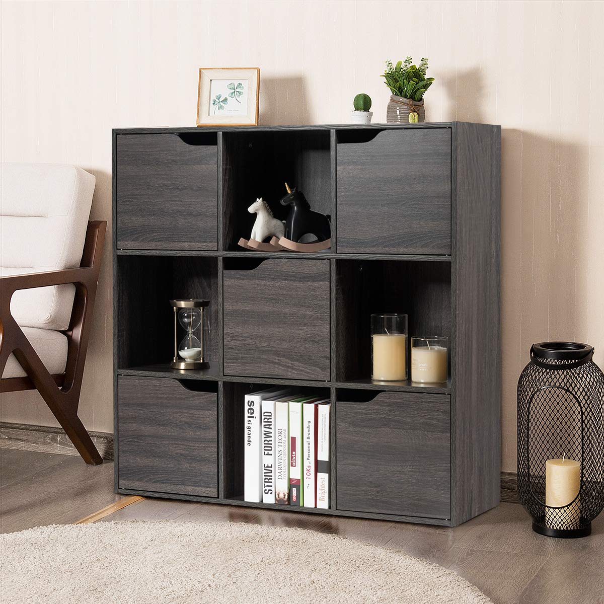 RELAX4LIFE Estantería Libros de 3 Niveles con 9 Compartimentos y 5 Puertas, Estantería de Madera con Dispositivo Antivuelco para Salón, Oficina y Estudio, Muebles de Salón, 90x29x90cm (Gris)