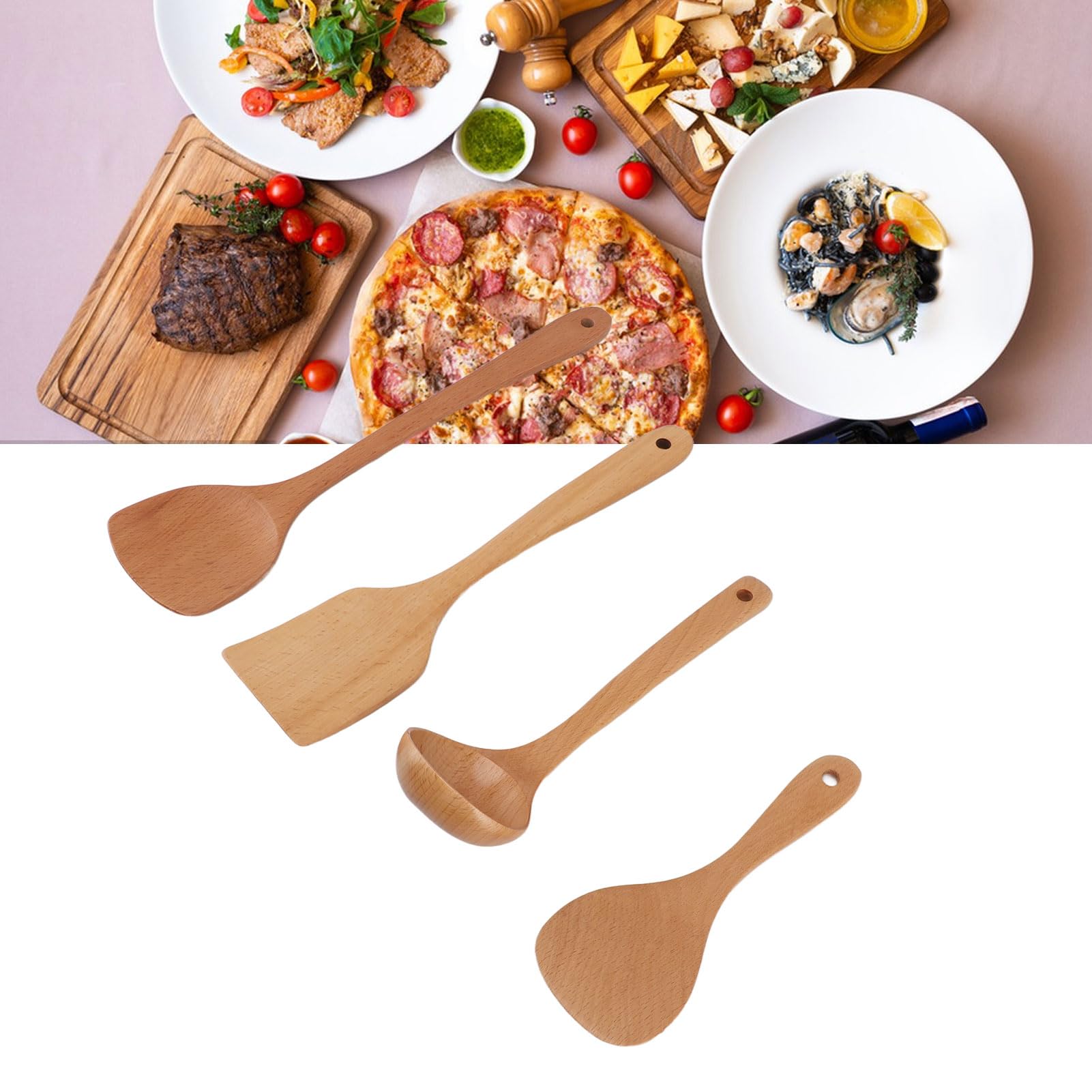 Set Ustensiles Cuisine En Bois - 4 Pièces Naturelles - Antiadhésif Et Sain