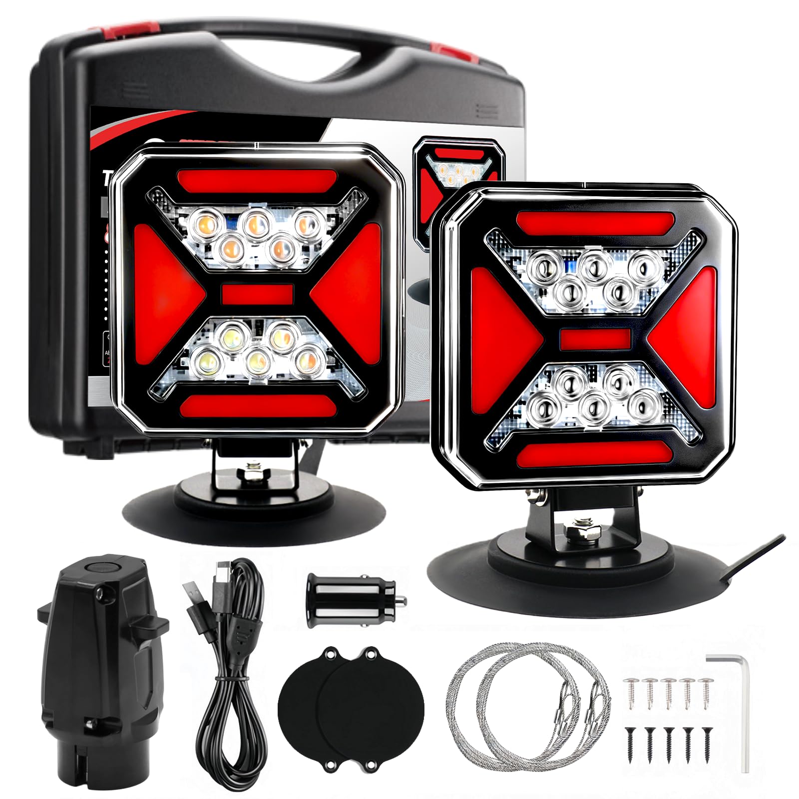 Ecoyoca Wireless Magnetic Trailer Light Kit, USB-C Rechargeable LED Tow Lights with 5 Modes, IP67 Waterproof, Magnetic & Suction Mount, for Caravan, Truck, RV, Camper, Boat