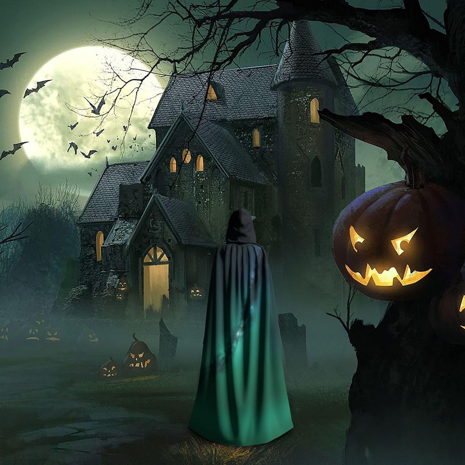 SSIMOO Galaxy Green Enchanting Adult Hooded Cape for Halloween and Party Costumes-Fashionable Women's Robes,Capes