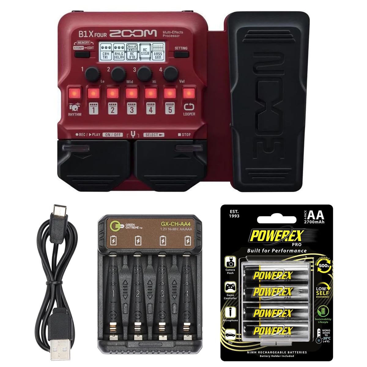 B1X Four Multi-Effects Pedal, with 4x AA Ni-MH Battery 4-Bay Charger