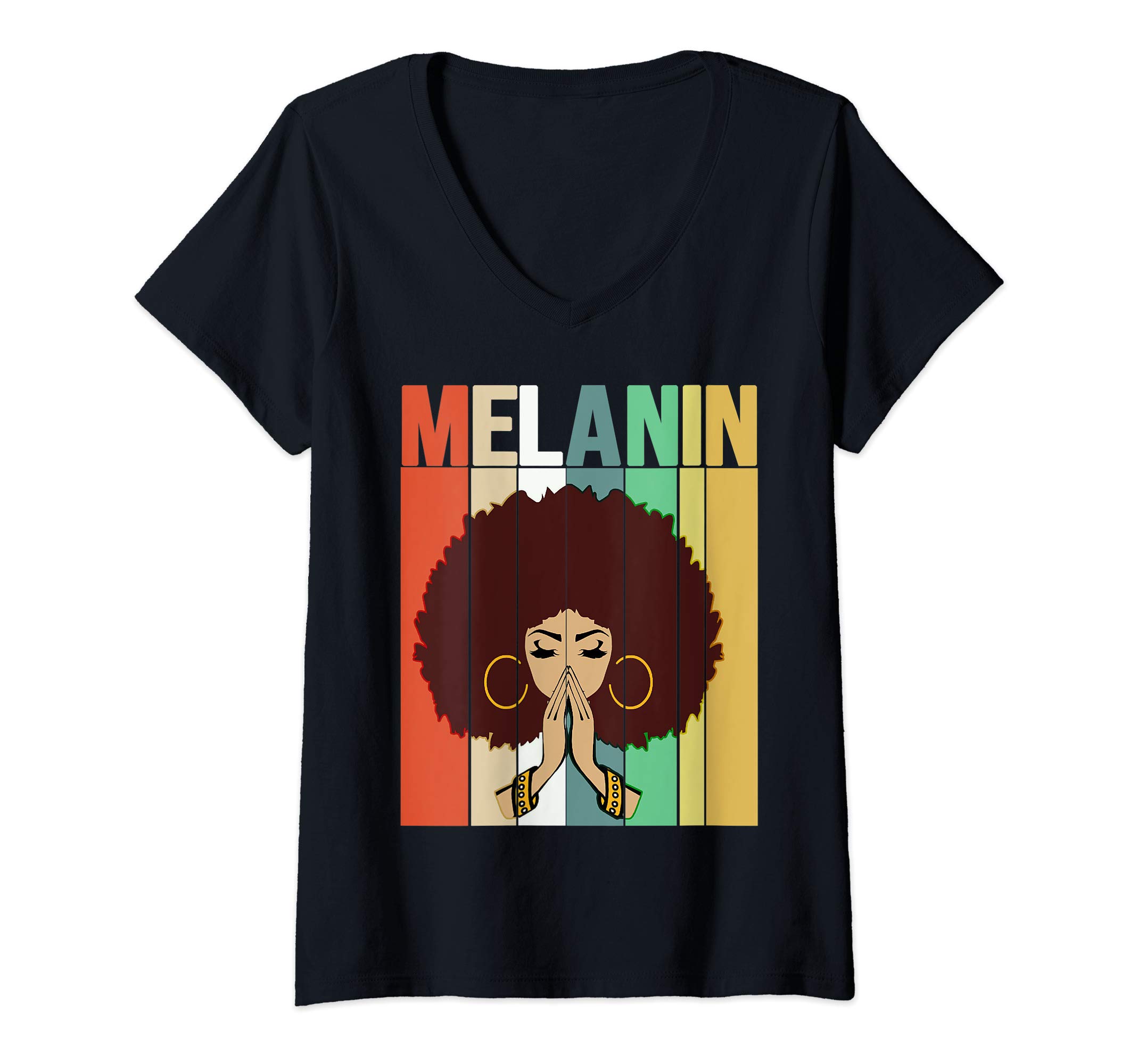 Womens Cute Melanin Vintage Retro Black Afro Natural Hair Queen V-Neck T-Shirt