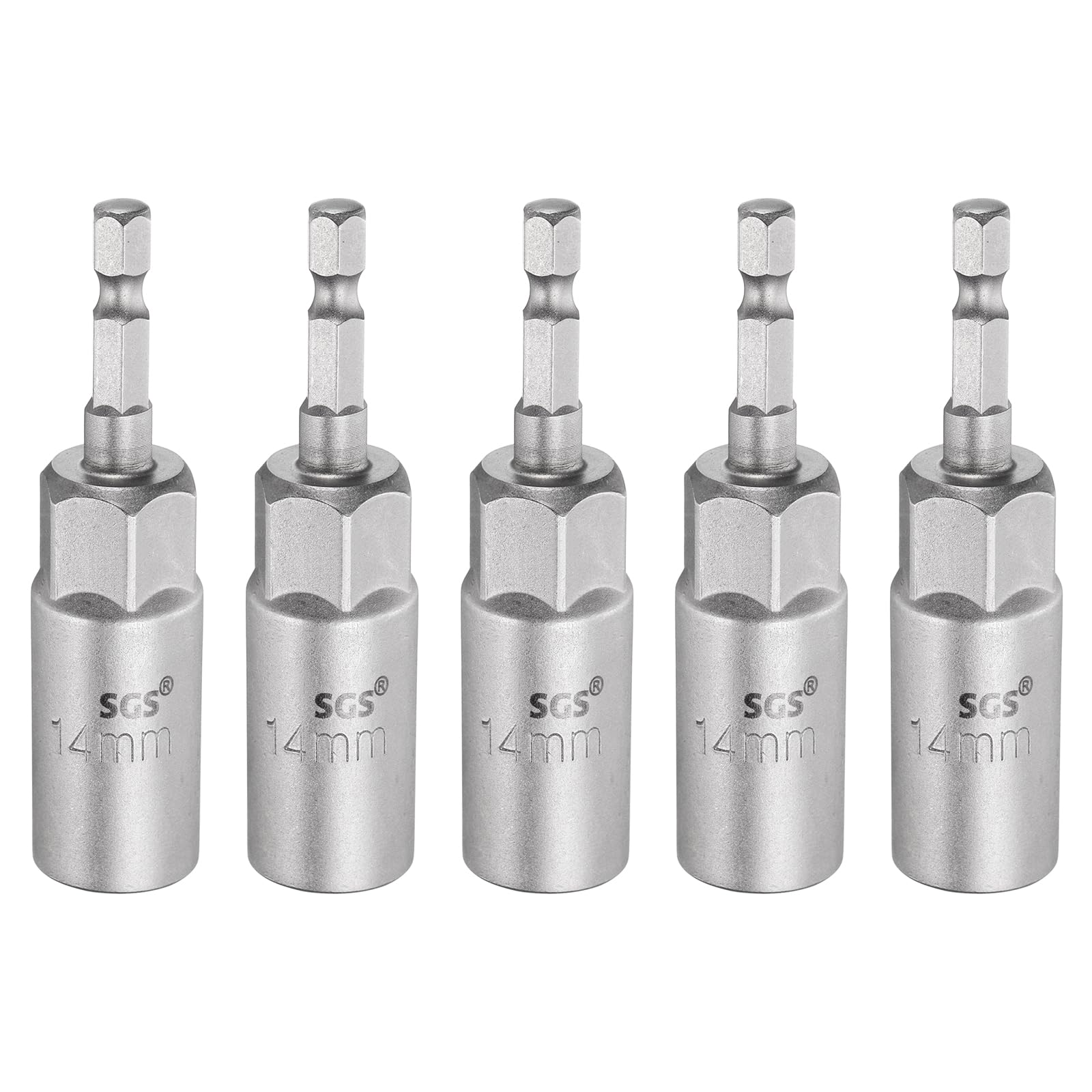 sourcing map 5pcs Nut Driver Drill Bit 14mm Metric Socket 1/4" Hex Shank 3.15" (80mm) Long 6-Point Sockets Quick Change CR-V Steel Bolt Setters for Power Drill Drivers