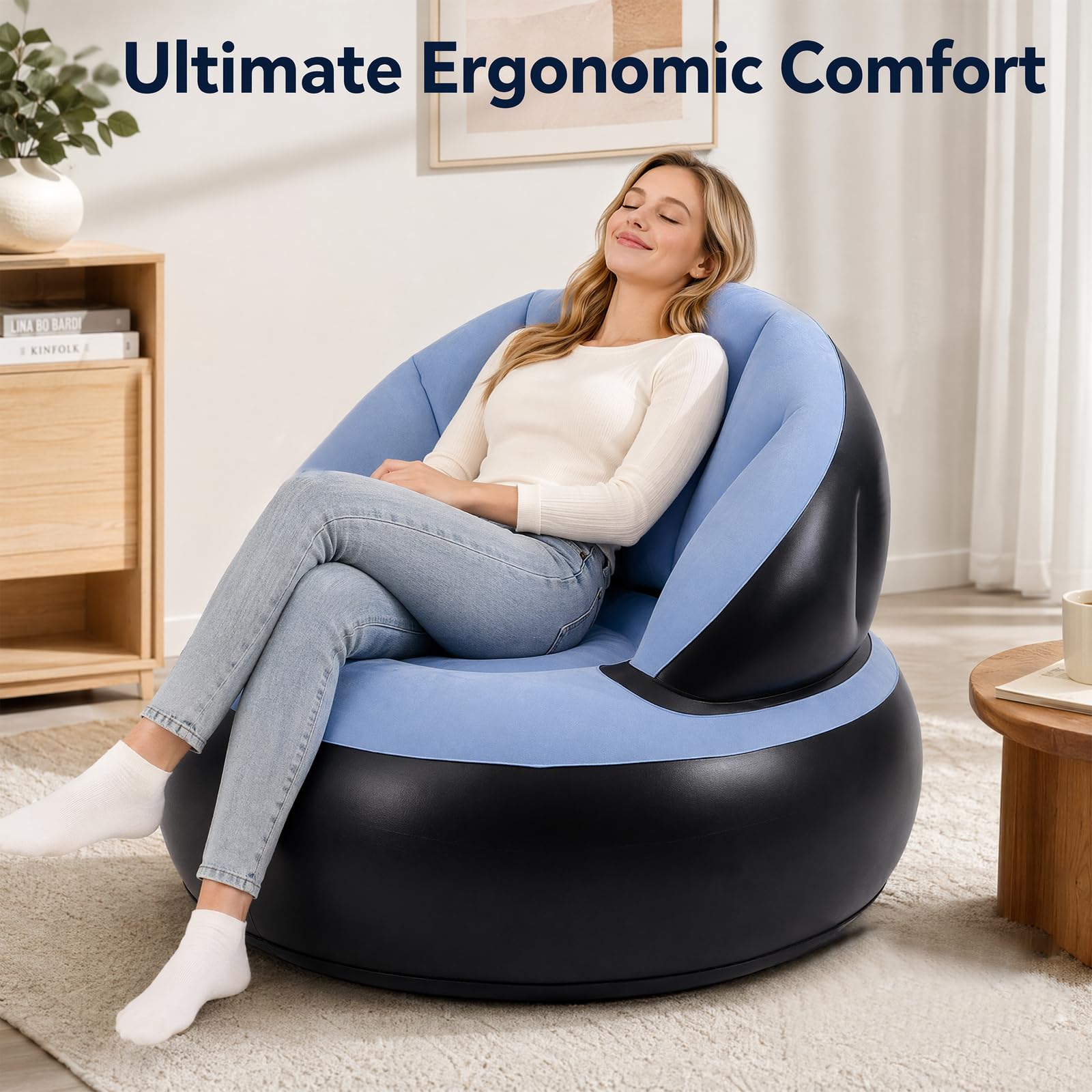 Canapé Gonflable avec Surface Floquée, Étanche Pouf Gonflable avec Pompe, Fauteuil Gonflable Exterieur et Intérieur pour Camping, Voyages, Piscine(Bleu Clair)
