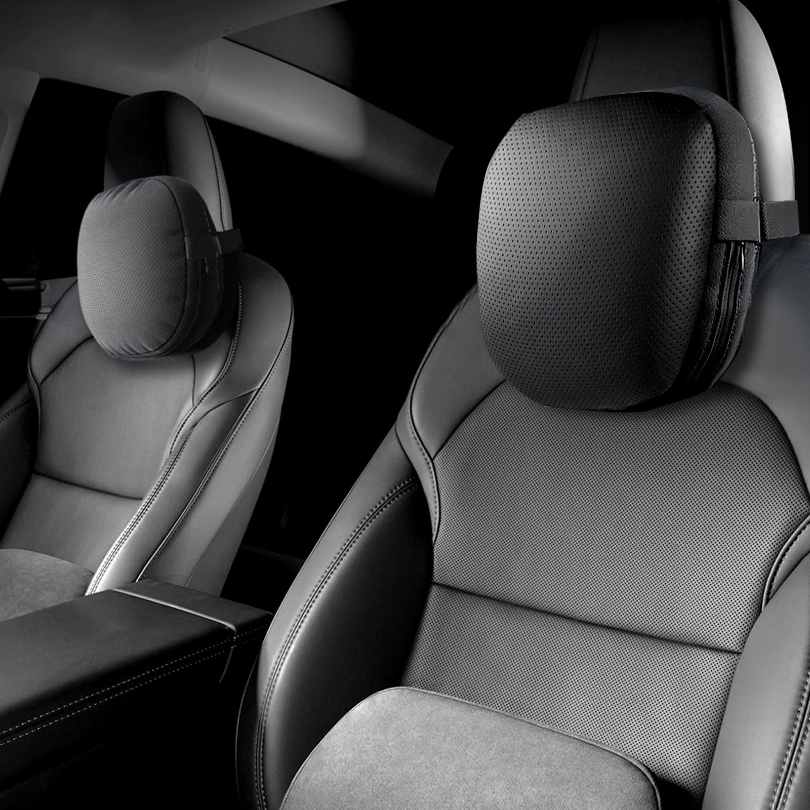 Erivis Nappa Leather Headrest Pillow for Tesla Neck Pillow Uniquely Designed for Tesla Model Y/3 Neck Support Cushion Versatile Dual Sided Design Car Accessories (Dual-Sided Design - Black)