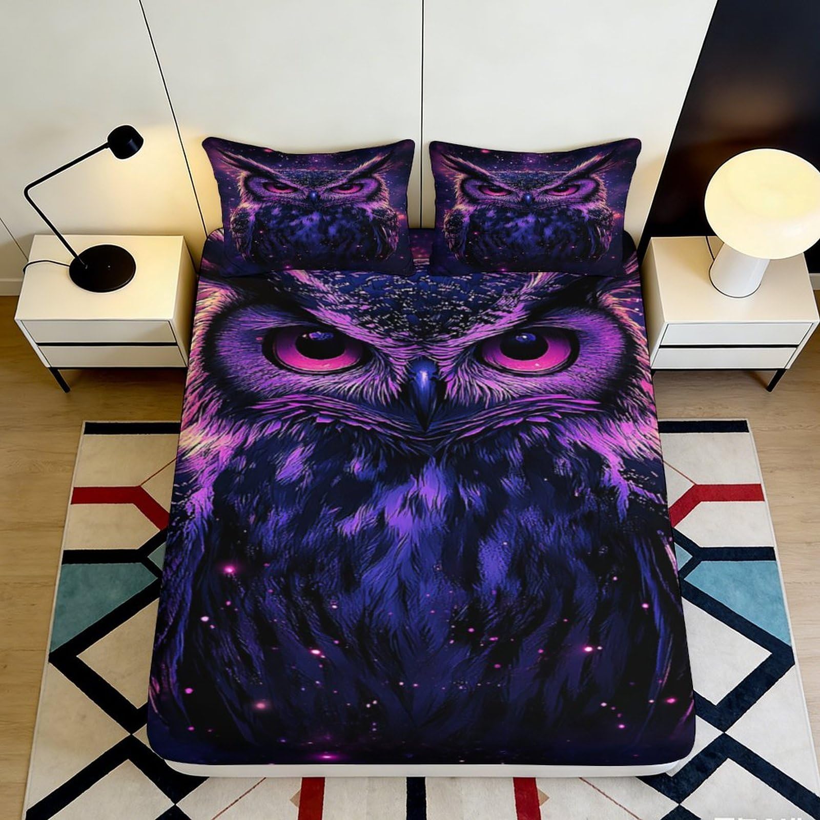 3D Printed Purple Owl Fitted Sheet Microfiber Soft Breathable Cosmic Night Mattress Cover for Bedroom Decor Dorm Protection 90x200x25cm