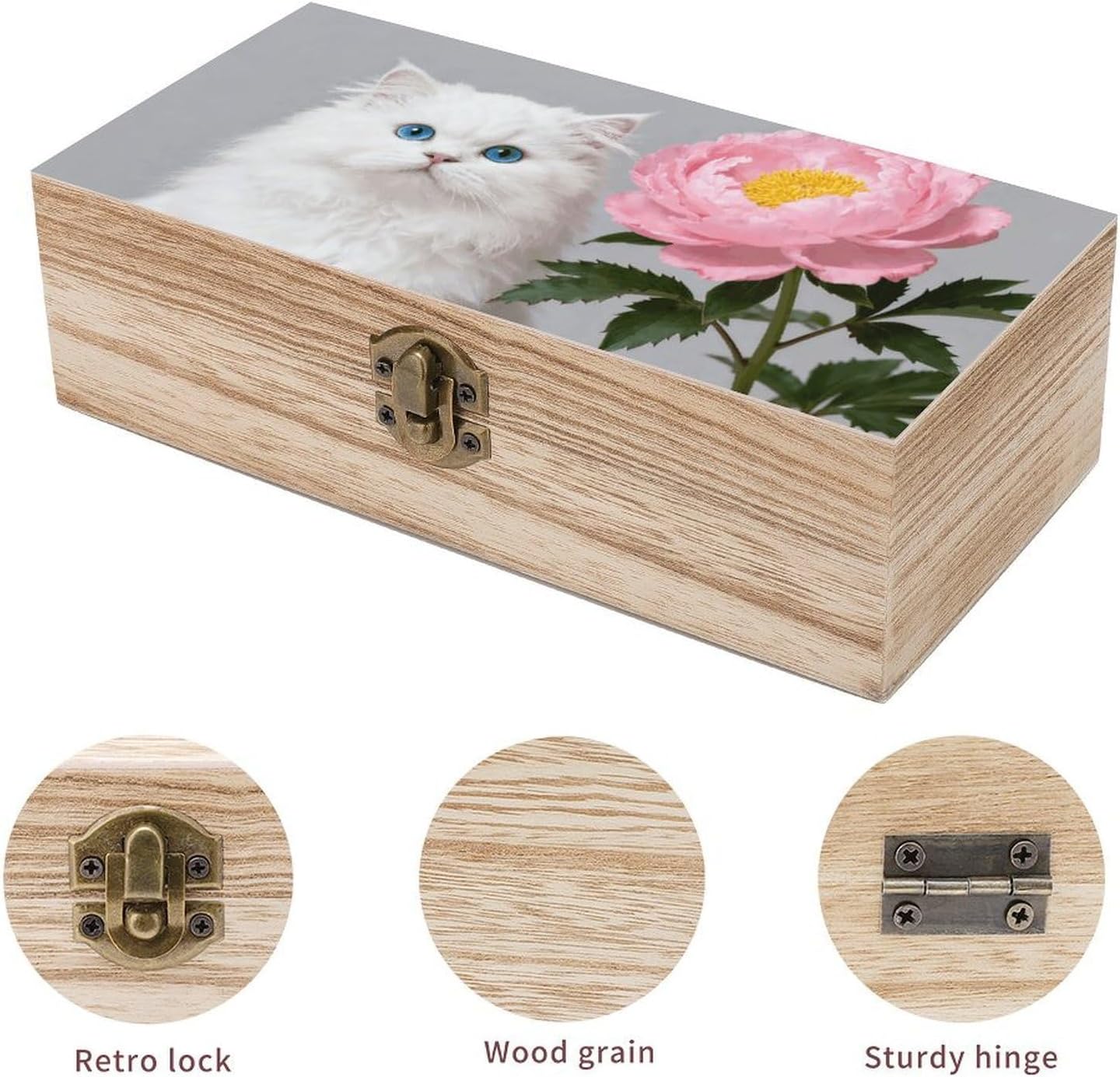 Vintage Wooden Storage Box with Hinged Lid, White Cat And Peonies_ image 3