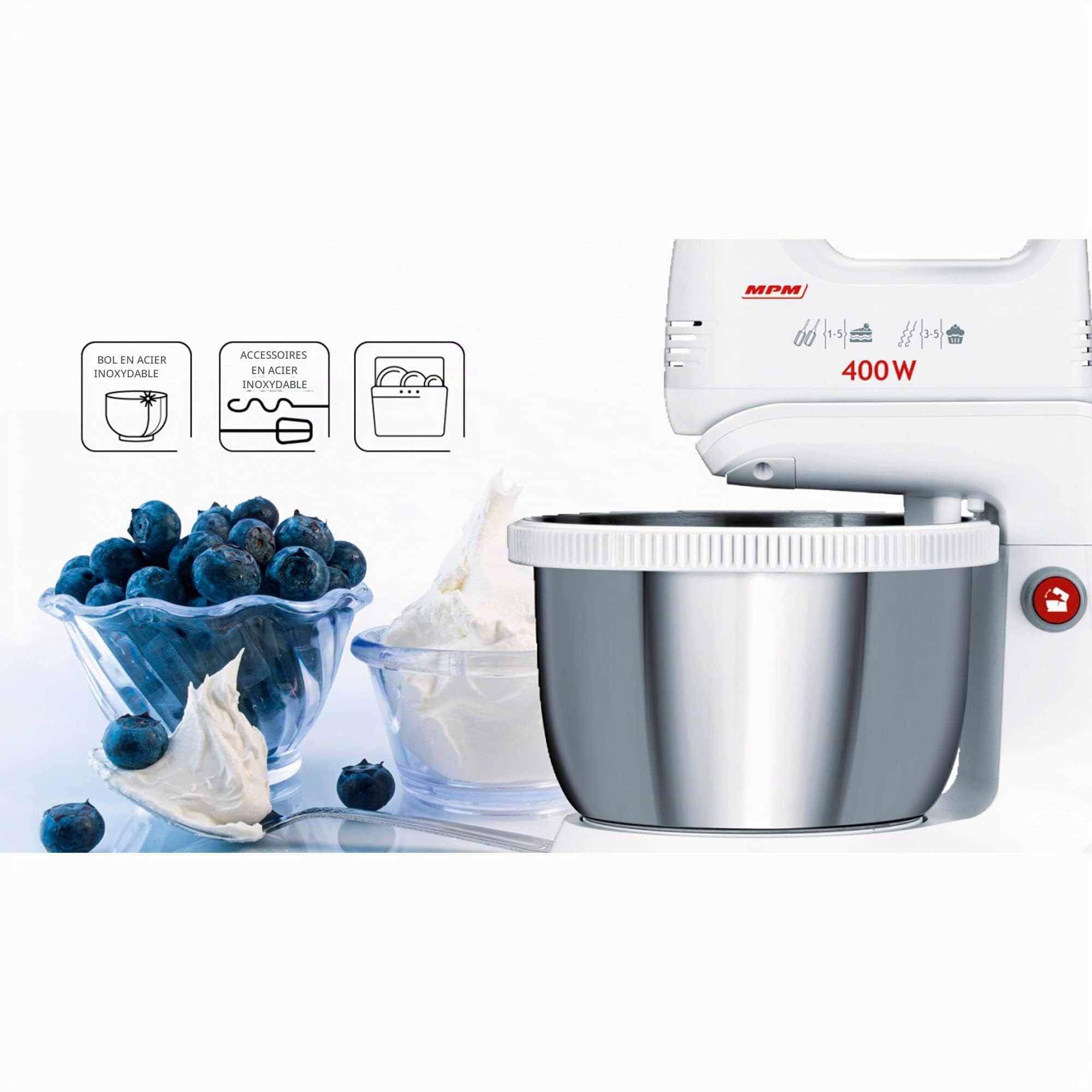 MPM MMR-21Z Mélangeur à Pâtisserie avec Bol Rotative 3,5 L, sans BPA, Robot Pâtissier Boulangerie Cuisine, 5 Vitesses + Turbo, Bol, Tiges et Crochet de Pétrissage en Acier Inoxydable, Blanc, 400W