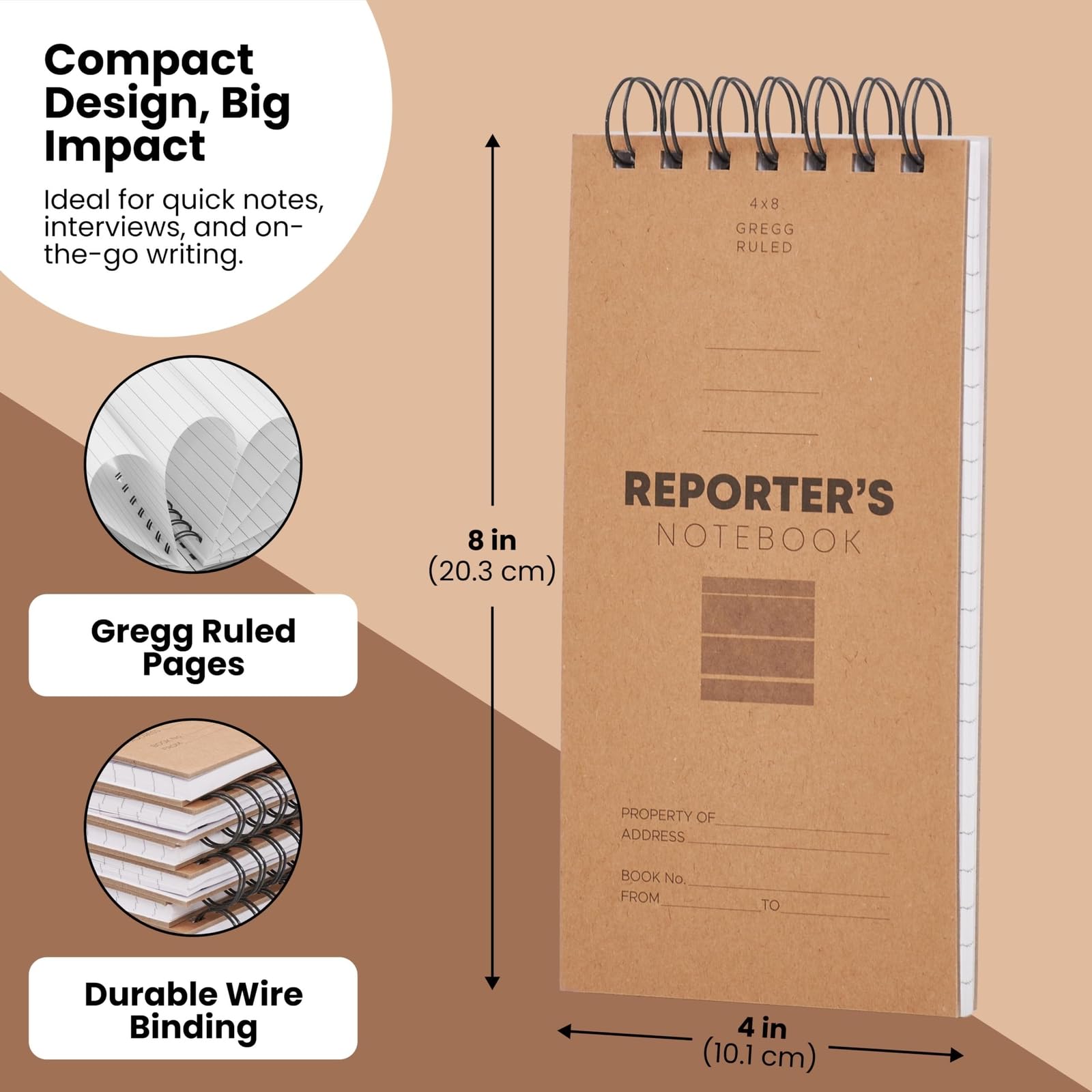 Paper Junkie Quaderno da reporter, confezione da 12 pezzi, 20,3 x 10,2 cm, con rilegatura superiore in carta kraft, 70 fogli ciascuno, diario compatto e resistente per giornalisti, studenti, detective