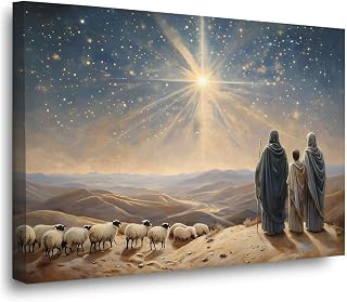 Shepherds keeping watch over their flocks by night Star of Bethlehem Manger Nativity Christmas Jesus Christ birth Christian Painting Art 16x24in-Framed