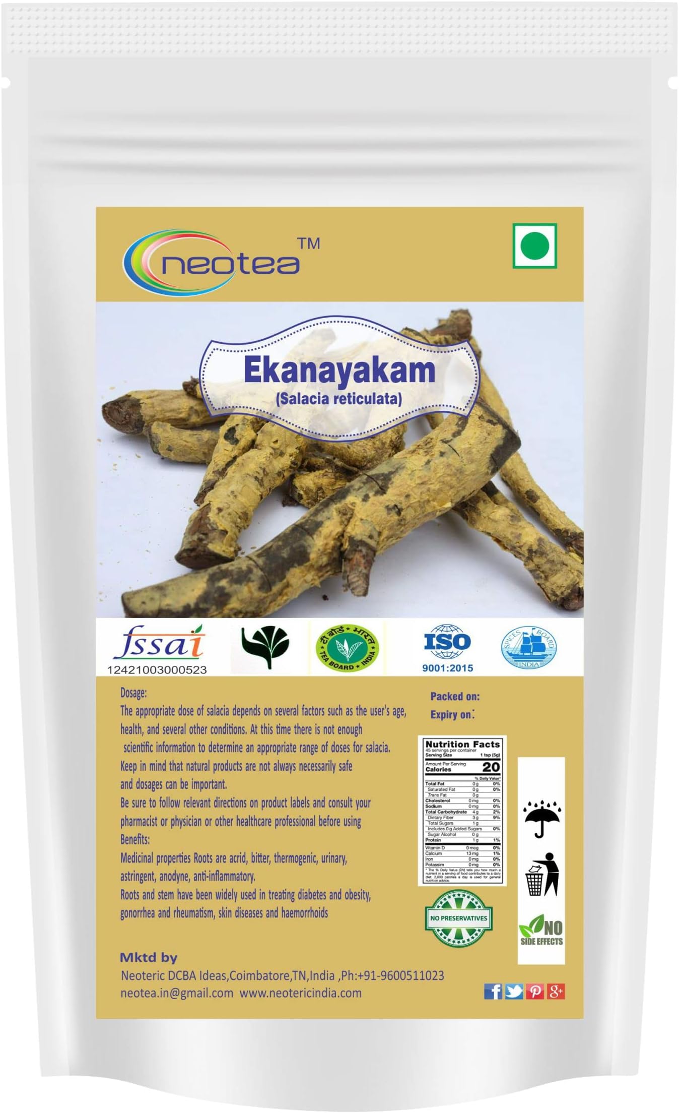 Neotea Salacia Reticulata Root | Ekanayakam | Ponkoranti | Anukudu Cettu | Ponkaranti | 100% Pure & Natural Ayurvedic Herb for Wellness | Herbal Supplement | 1 Kg Pack of 1