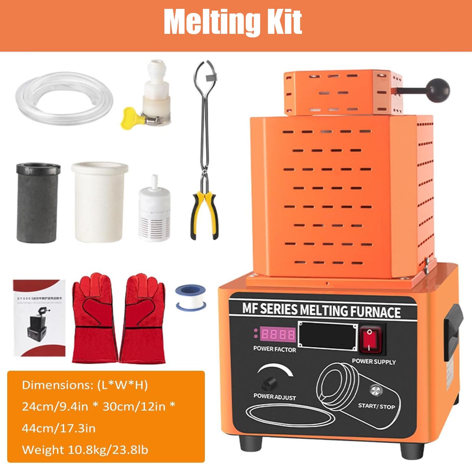 Zestaw pieca do wytopu metali cyfrowych o mocy 5000 W z tyglem grafitowym do topienia złomu złota, srebra, miedzi i aluminium, wysokowydajny piec do topienia metali (Red 3KG)