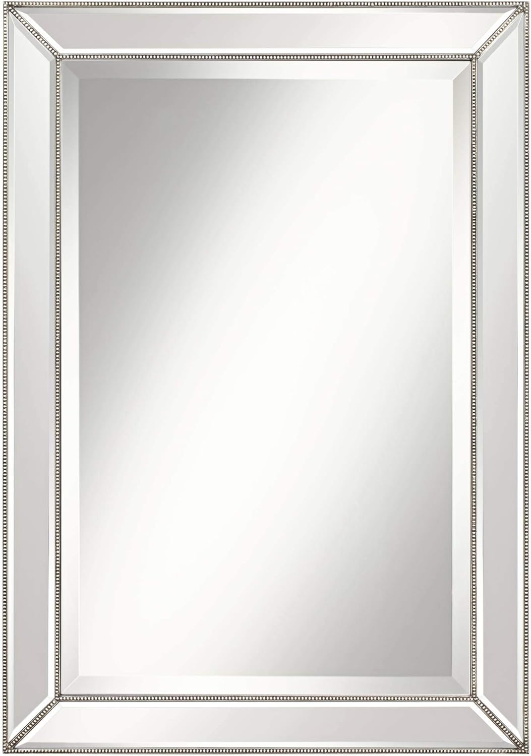 Uttermost Roseau Rectangular Vanity Decorative Wall Mirror Modern Doubled Beaded Border Silver Pewter Wood Finish Frame Beveled 24" Wide for Bathroom Bedroom Living Room Home Office Entryway