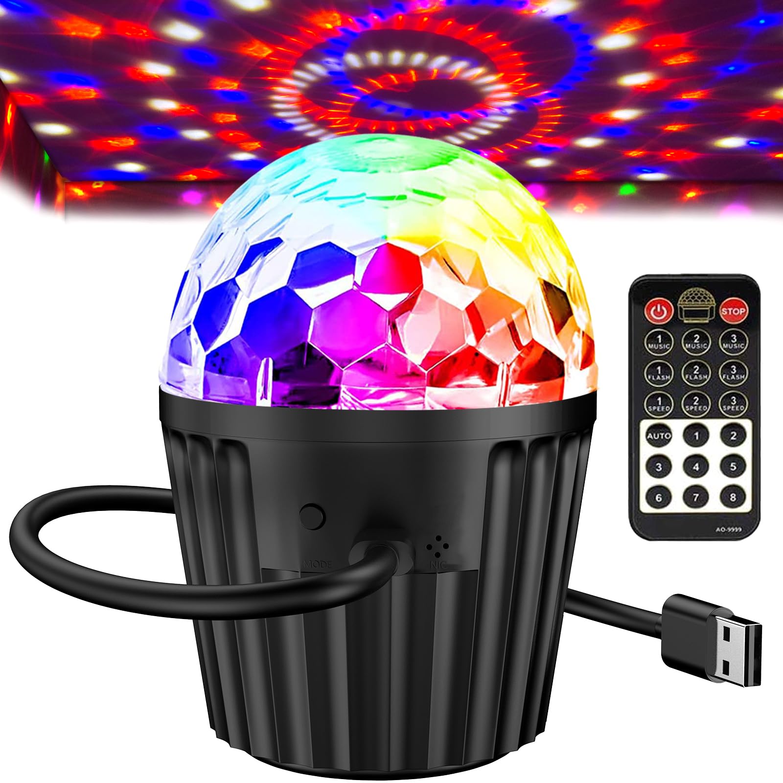 Mini Boule Disco pour Fête, Lumière LED USB avec Effets Dynamiques d'Éclairage RGB Activés par la Musique, avec Télécommande - Lumières de Discothèque USB pour Anniversaires, Célébrations