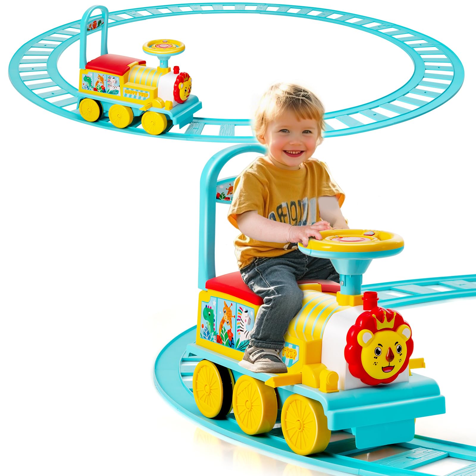 HOMGX Electric Ride On Toy, 6V Powered Toddler Ride-on Train Set with Tracks, Flashing Light, Storage Seat & Anti-tilt Device, Kid’s Ride On Train for