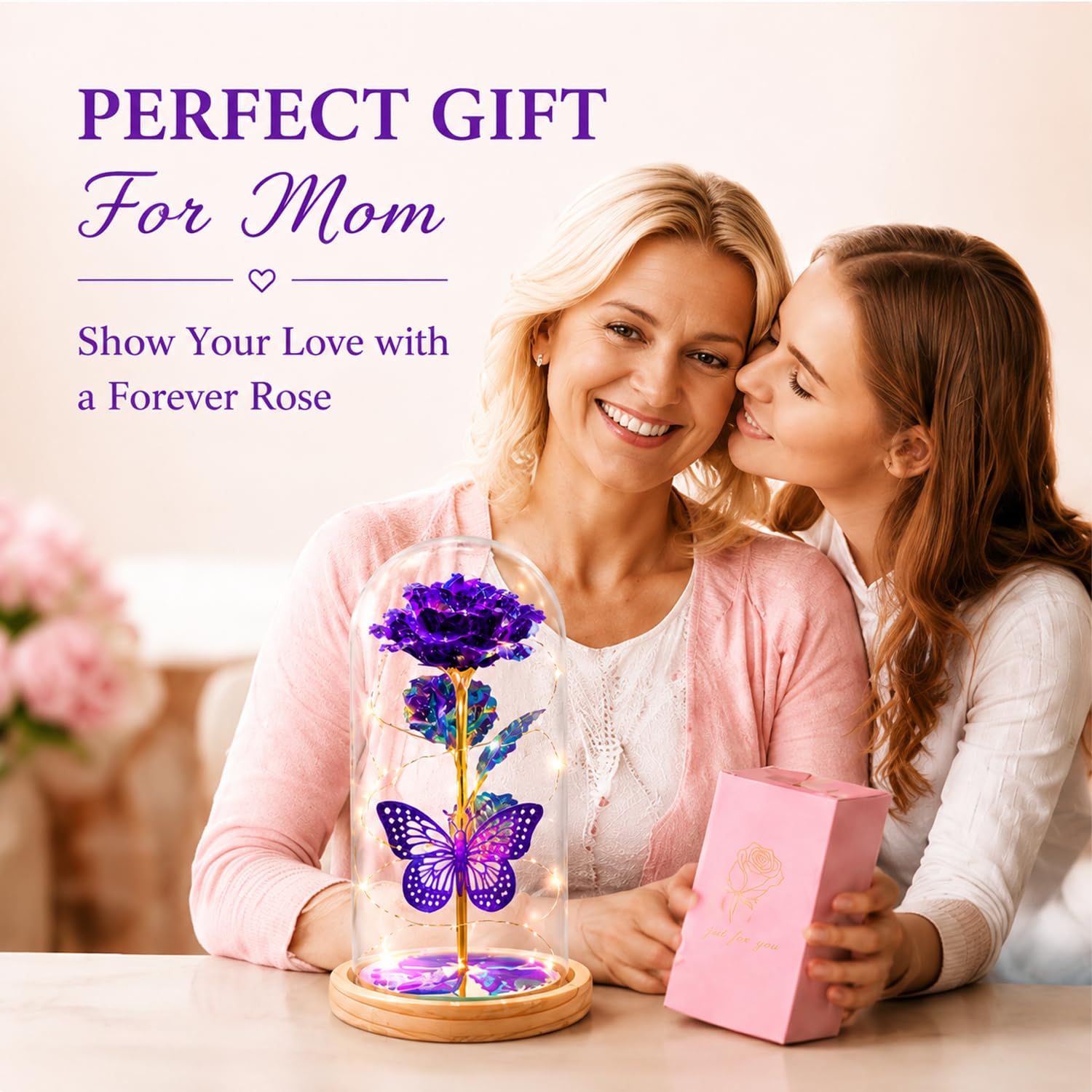 StowBin QUNPON - Flores para el día de la Madre, Regalos de Hija e Hijo, cumpleaños para Mujeres, mamá, Abuela, niñera, Rosa de la Bella y la Bestia en cúpula de Cristal, Artificial para Siempre