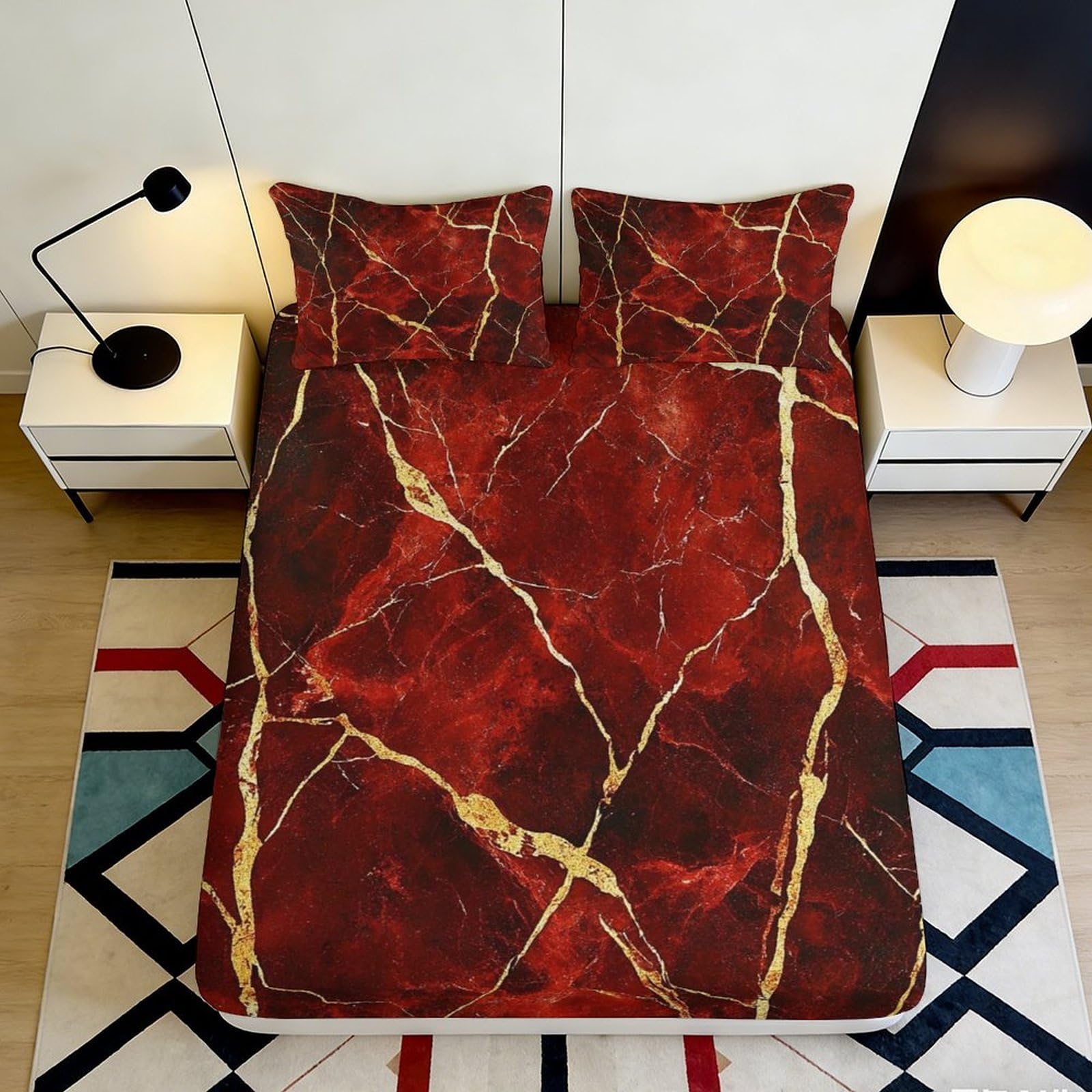 3D Printed Red Marble Fitted Sheet Microfiber Soft Bedroom Decor Gold Vein Bed Cover for Home Dorm Guest Room 90x200x25cm