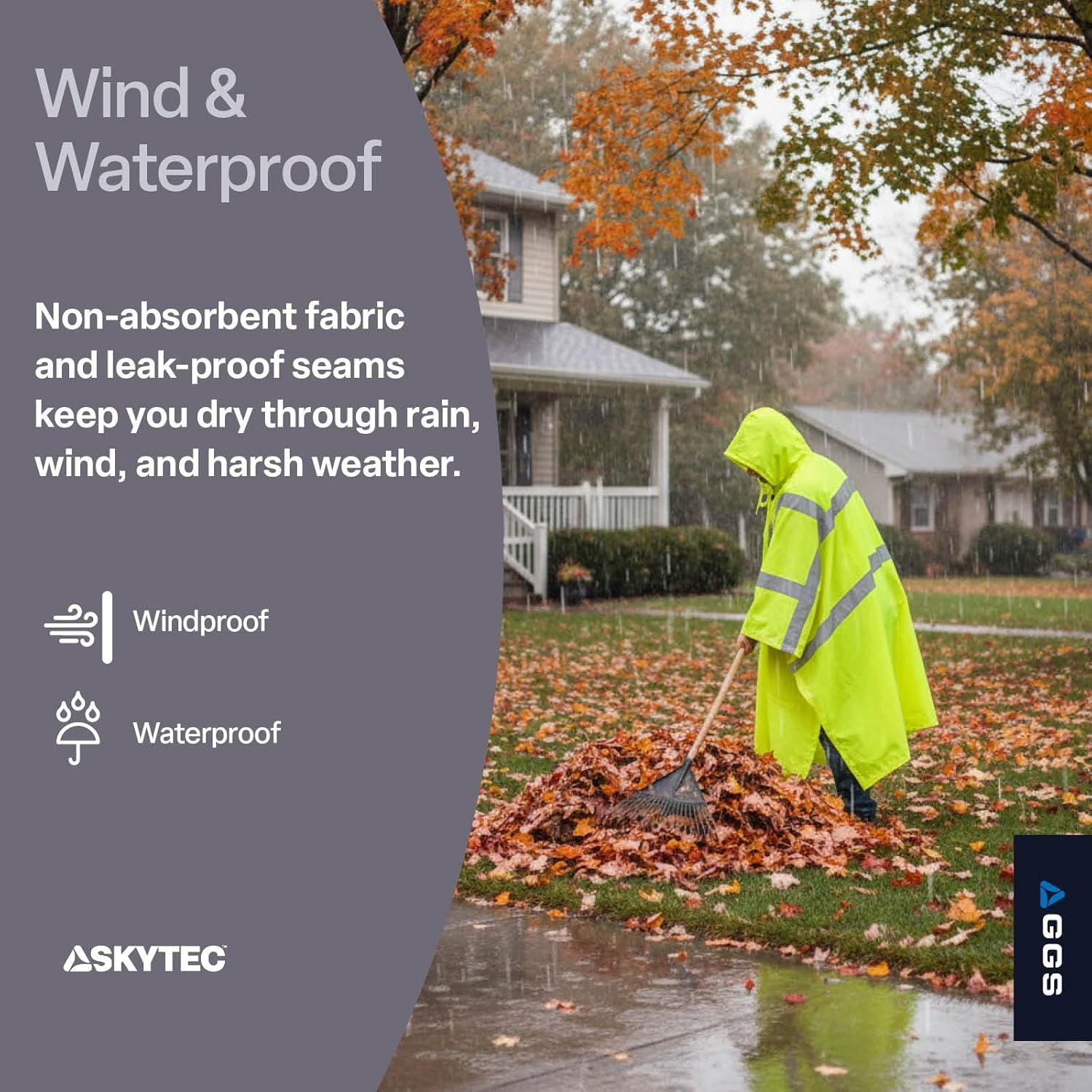 GGS Rain Poncho - High Visibility, Reflective, Wind and Waterproof with Drawstring Hood, Rain Gear for Construction, Camping, Fishing, Hiking, One Size