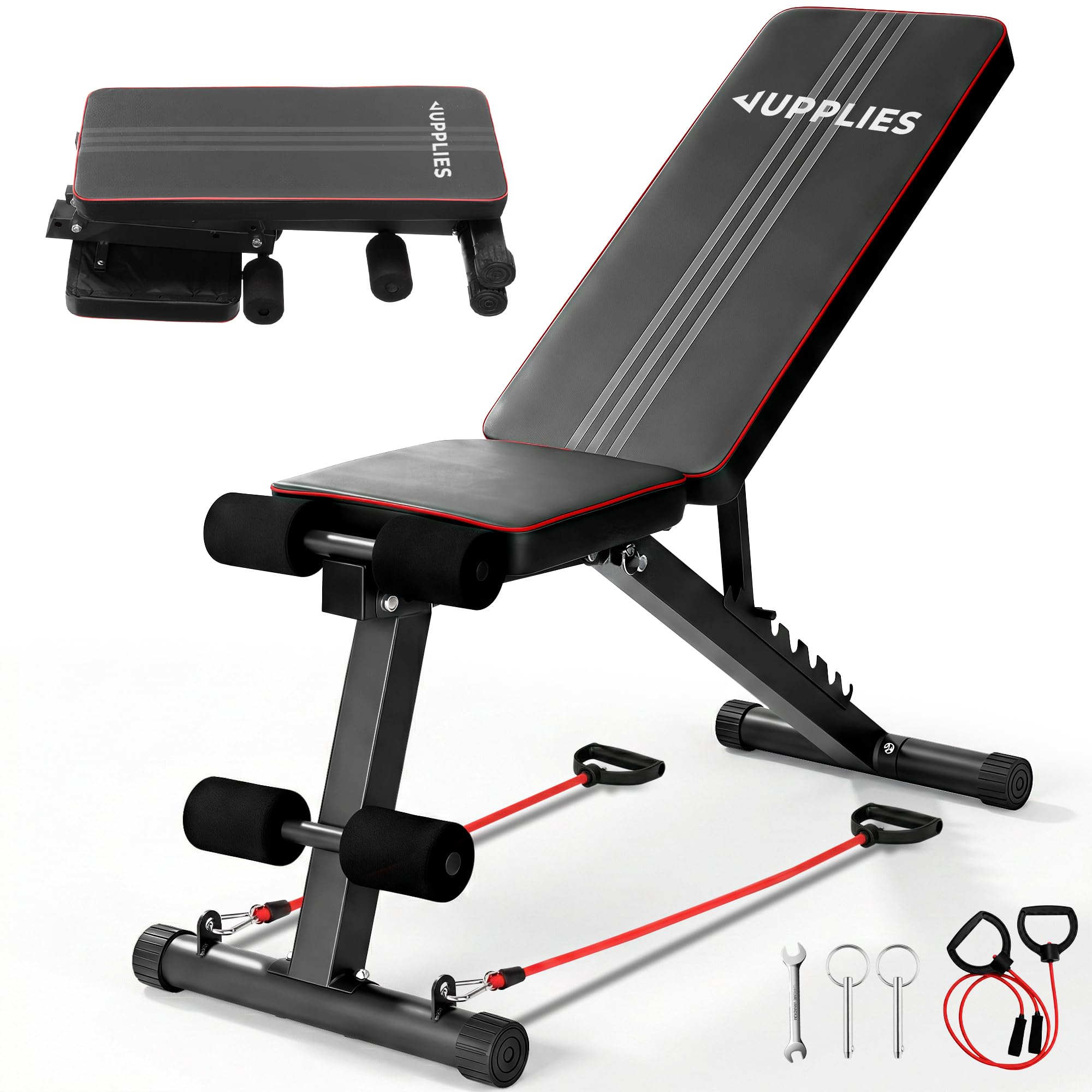 JUPPLIES Panca Pesi Pieghevole Multifunzionale 7 Posizioni | Inclinabile fino a 90° | Capacità 250kg | 2 Fasce Elastiche Incluse | Panca Palestra Casa + Tappeto Puzzle 36 Pezzi