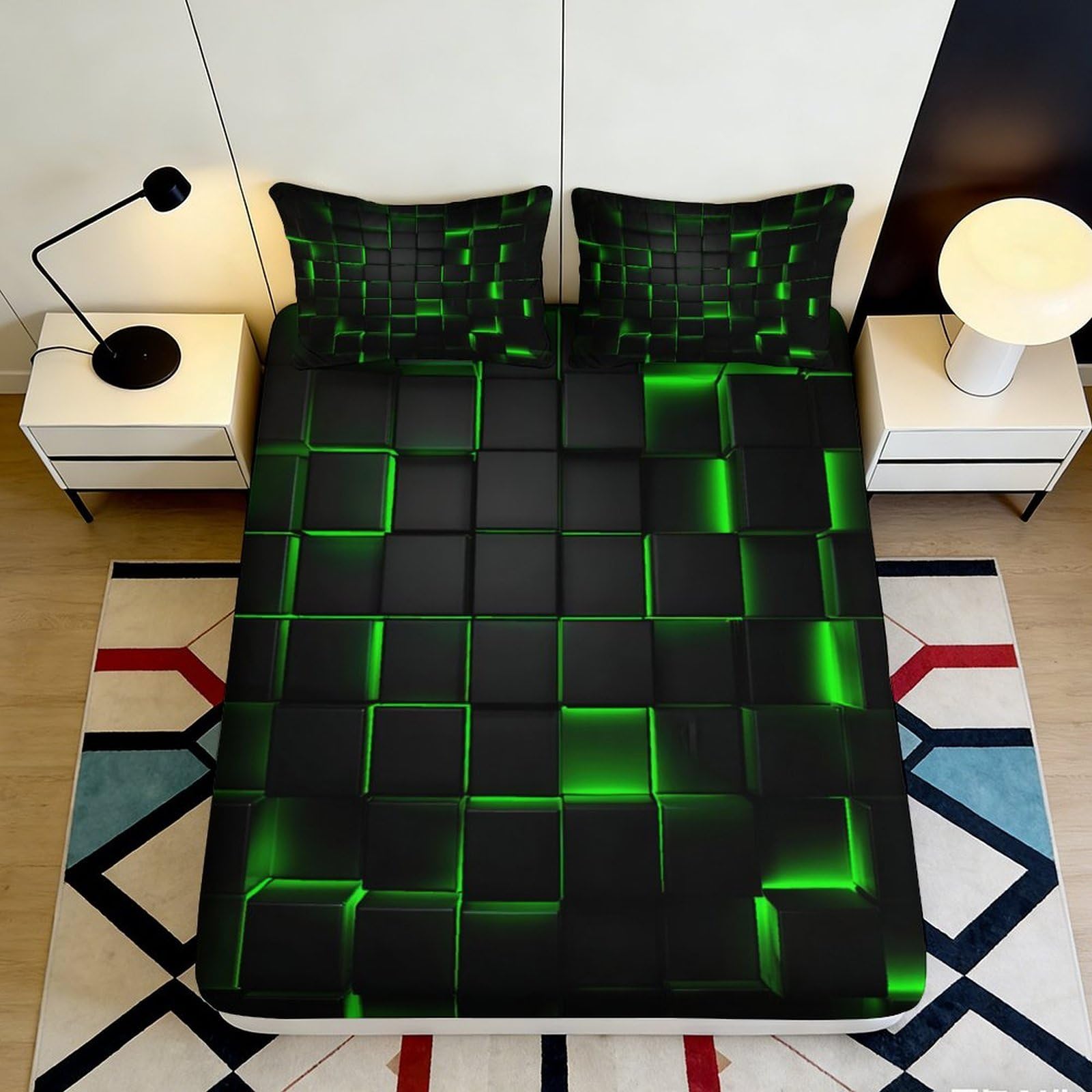 Jqzkxnhpbr Style-9 3D Printed Neon Grid Pattern Fitted Sheet Microfiber Black Green Futuristic Mattress Cover For Bedroom Home Decor 90X200x25cm