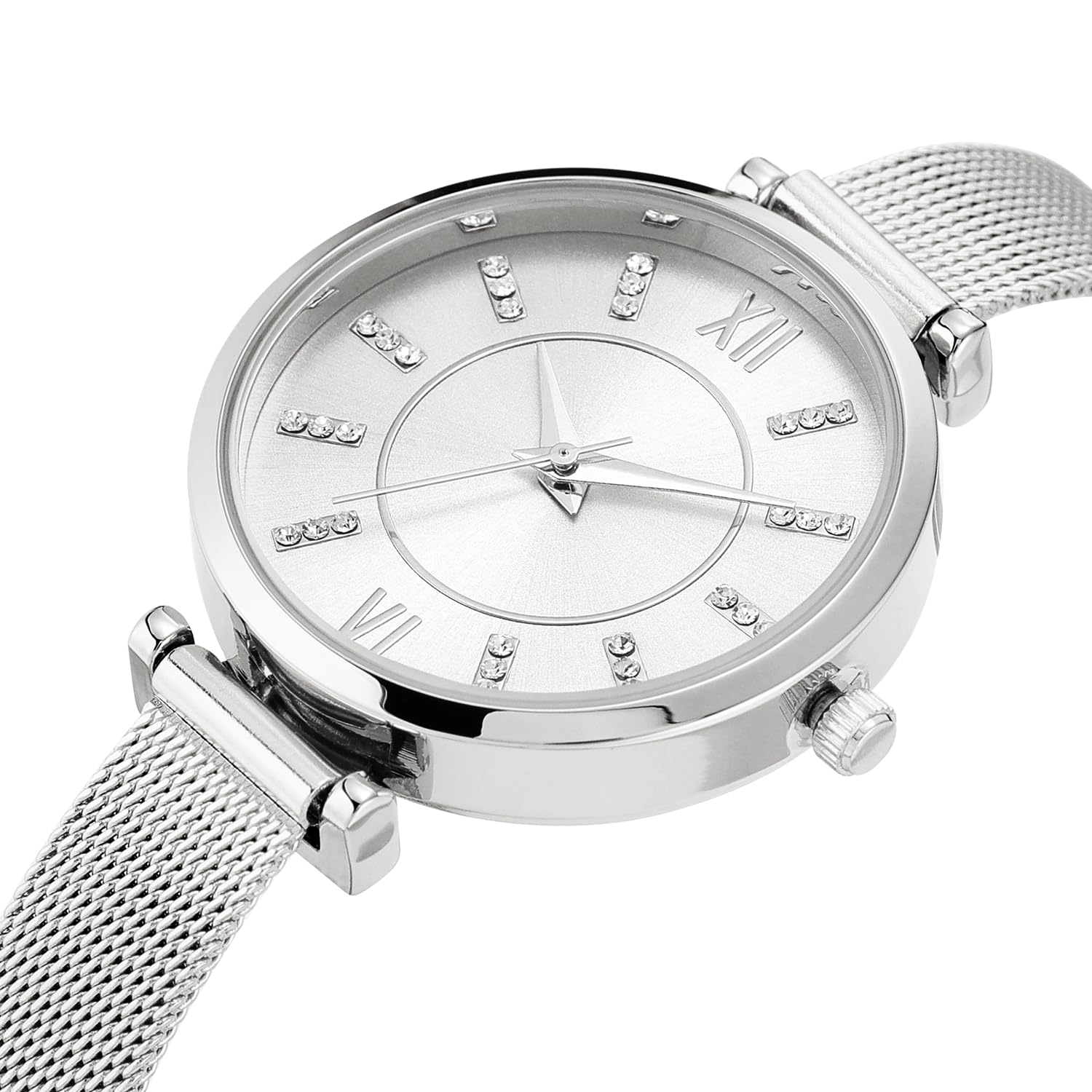 NUOVO Orologio argento con cristallo diamante, doppia fibbia di sicurezza, cinturino in rete alla moda ed elegante, Argentato, Moderno
