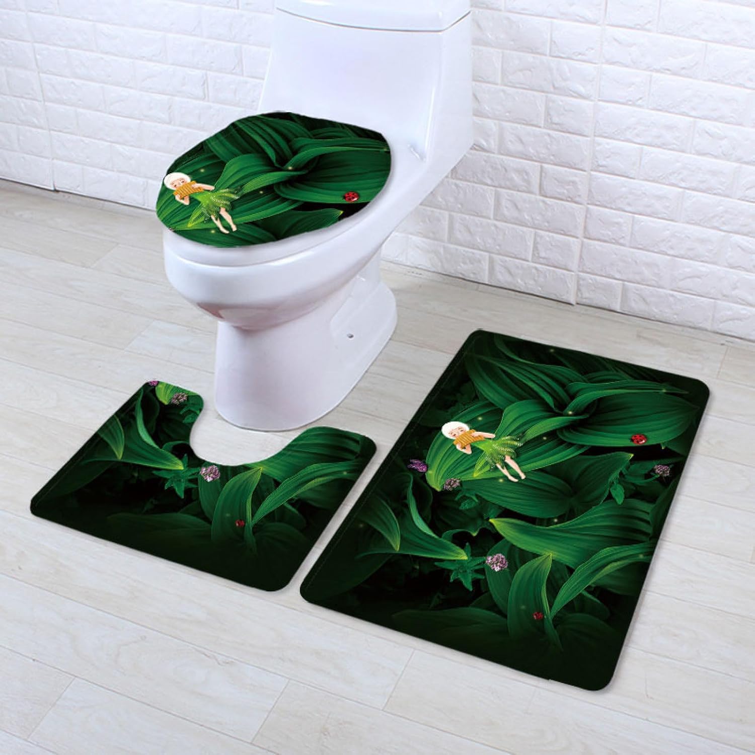 Set di tappetini da Bagno 3 Pezzi Green Leaf Girl Antiscivolo per Bagno Tappeto Lavabile in Memory Foam Tappeto copriwater tappetini a Forma di U 45x75 cm