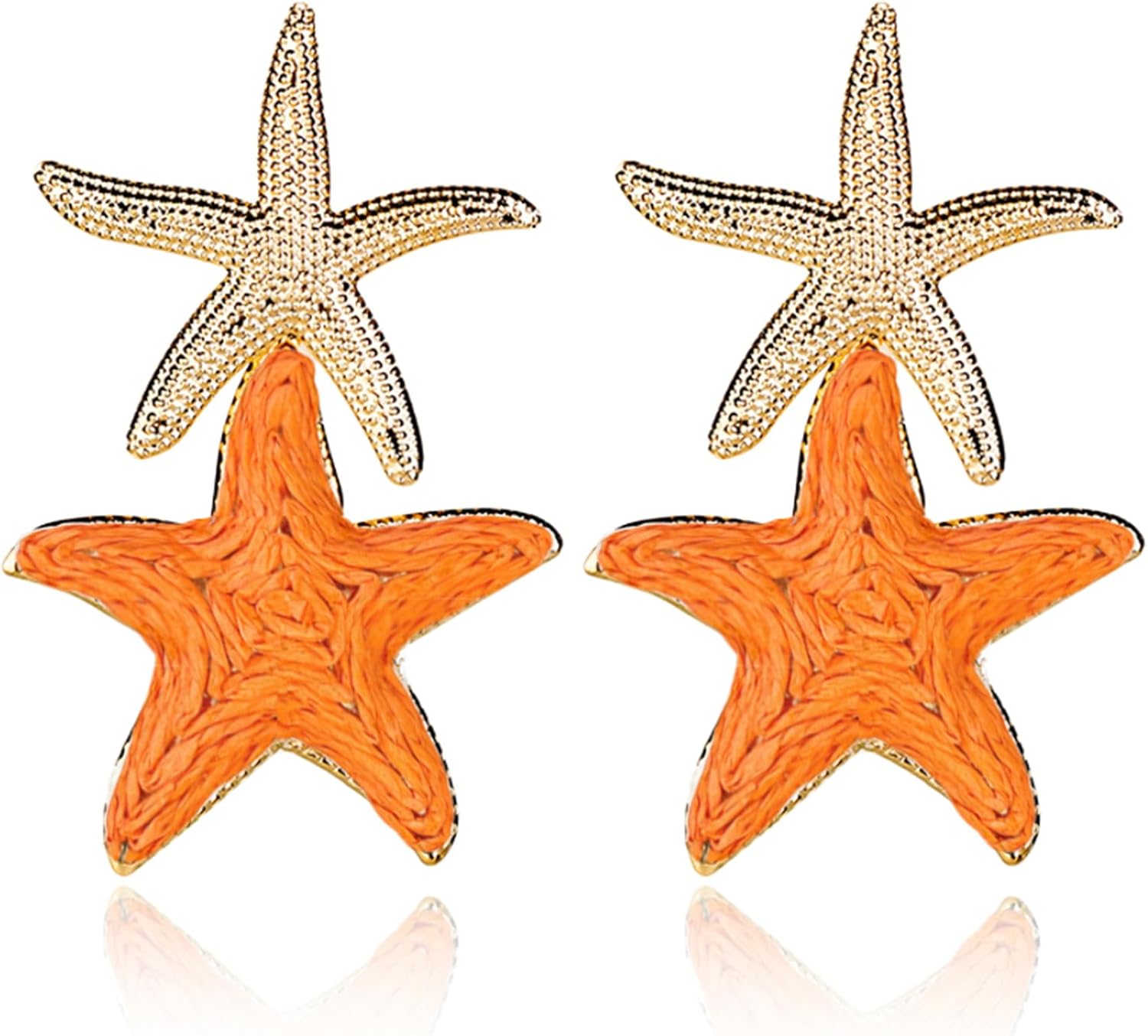 Starfish Earrings for Women Large Gold Statement Star Earrings Boho Raffia Straw Wrapped Starfish Drop Dangle Earrings Summer Tropical Beach Jewelry