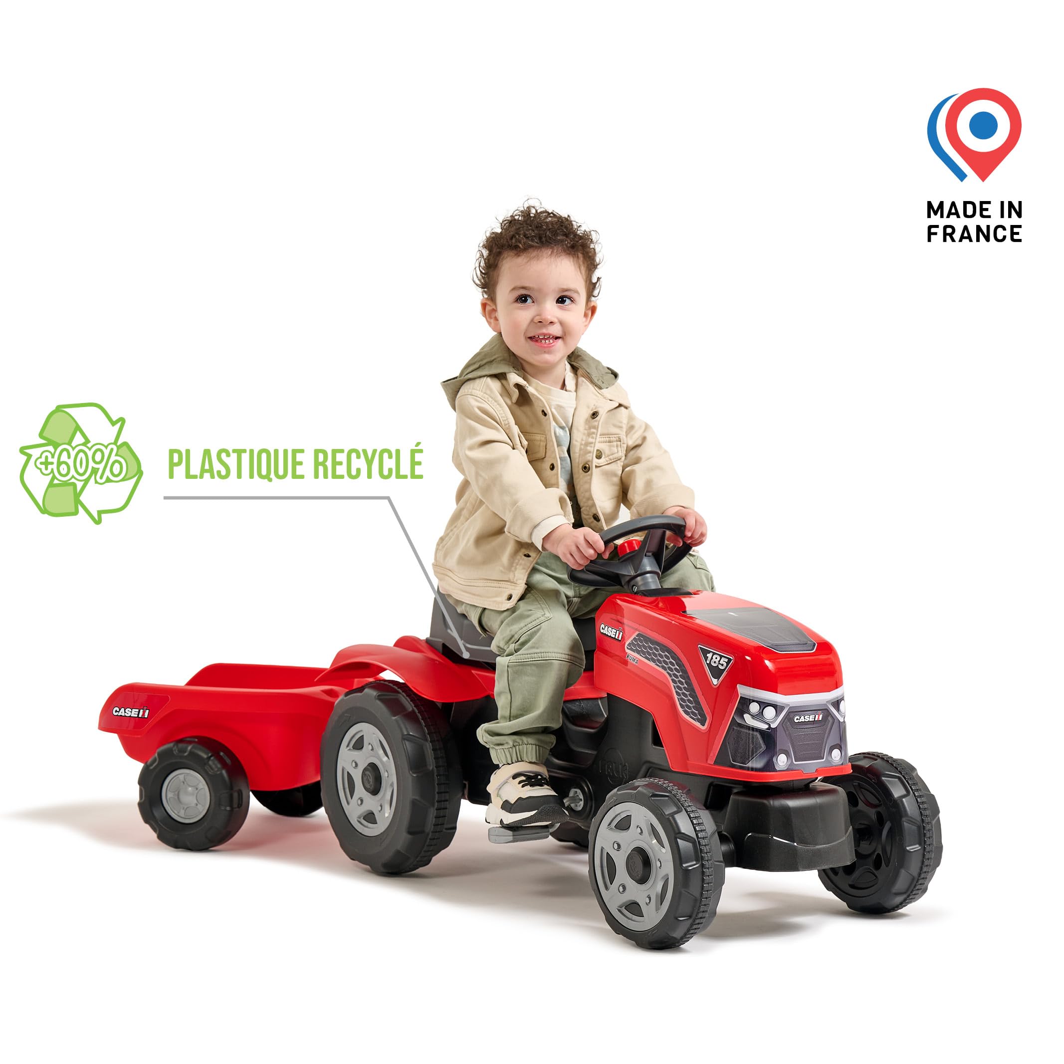 Falk Case IH Traktor mit Pedalen, für Kinder, mit Anhänger, ab 2 Jahren | Haube zum Öffnen und verstellbarer Sitz